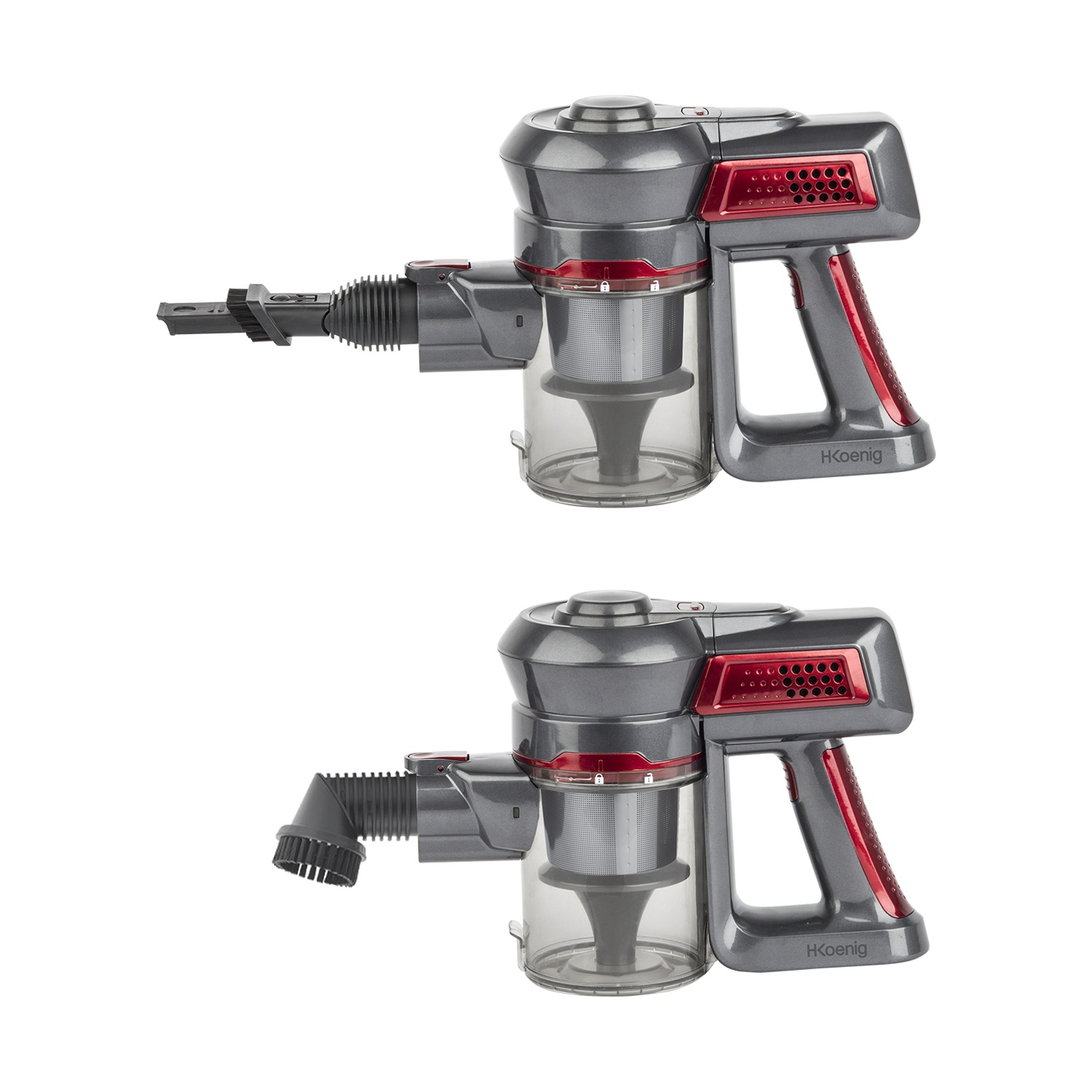 Due aspirapolvere senza filo. Grigio e rosso. Uno con accessorio a spazzola dritto, l'altro piegato. Contenitore polvere trasparente.
