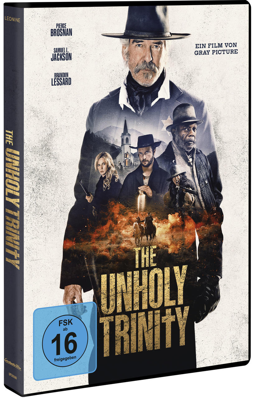 Filmplakat für 'The Unholy Trinity' mit Pierce Brosnan, Samuel L. Jackson und anderen. Ein blauer FSK 16 Aufkleber ist vorne.