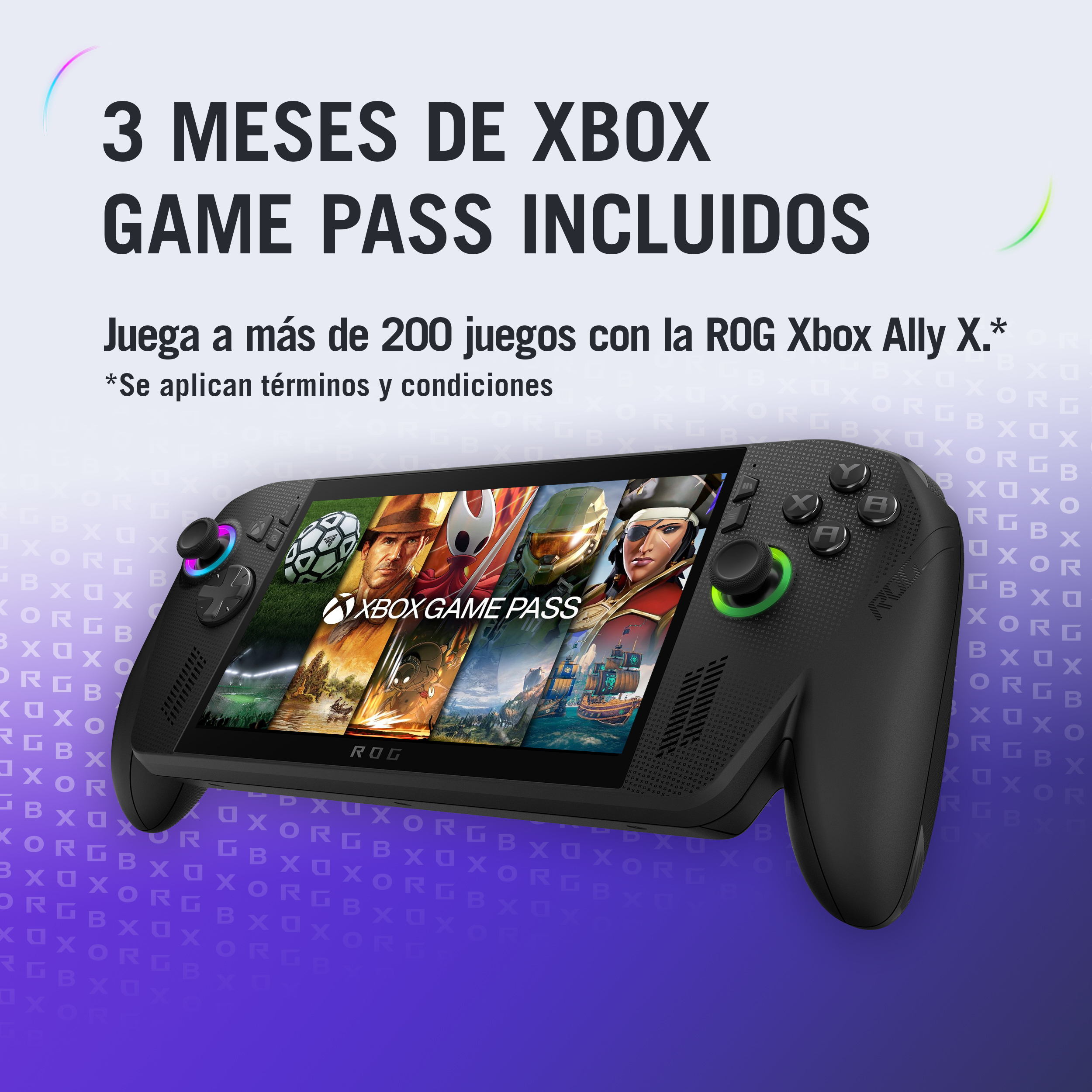Una consola negra ROG Xbox Ally X muestra imágenes de juegos. El texto dice: '3 meses de Xbox Game Pass'.