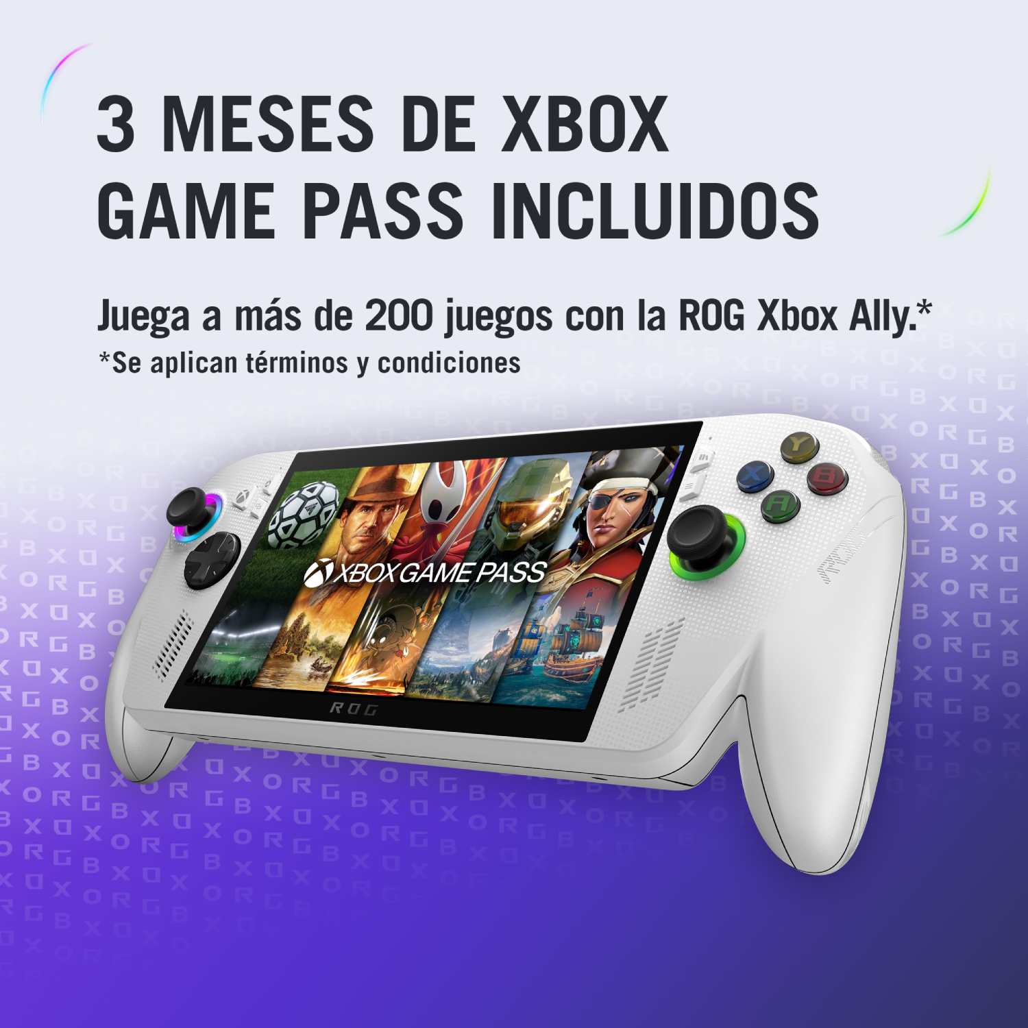 Consola portátil blanca ROG Xbox Ally con pantalla que muestra imágenes de juegos. Texto superior: '3 meses de Xbox Game Pass incluidos'.