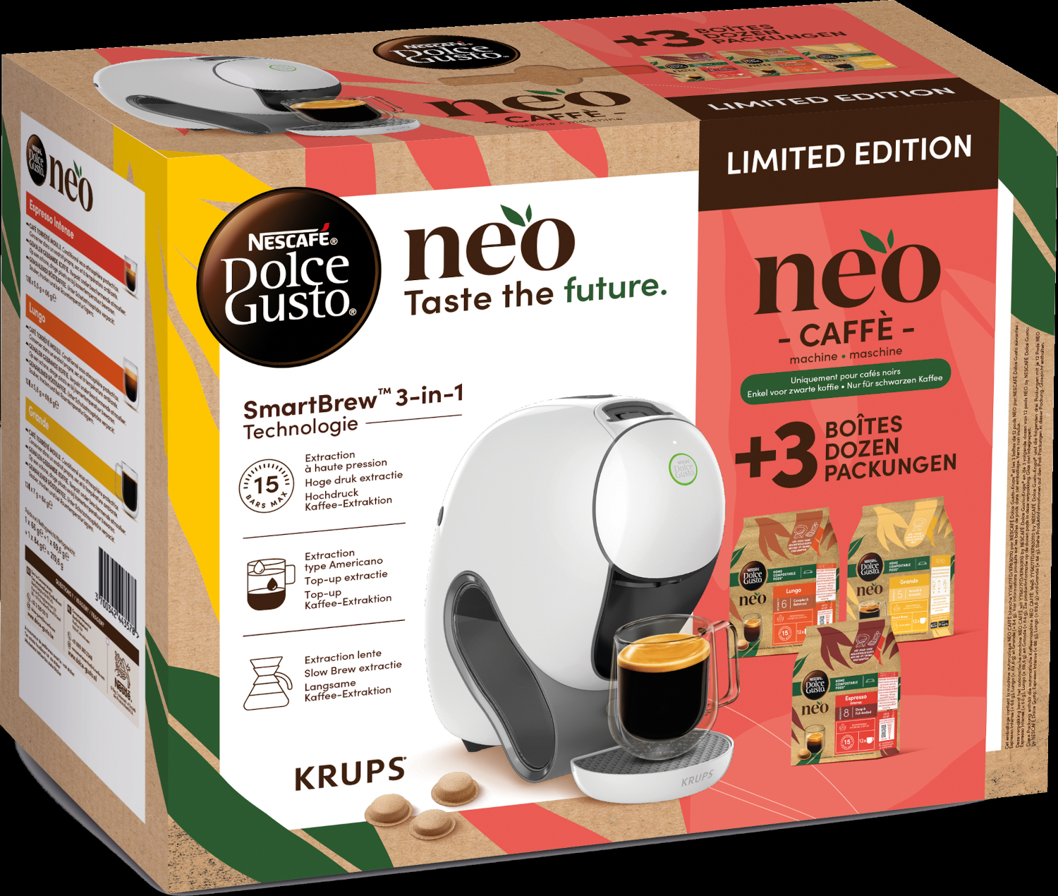 A coffee machine box with the machine, coffee cups, and coffee pods. The box has a limited edition label.