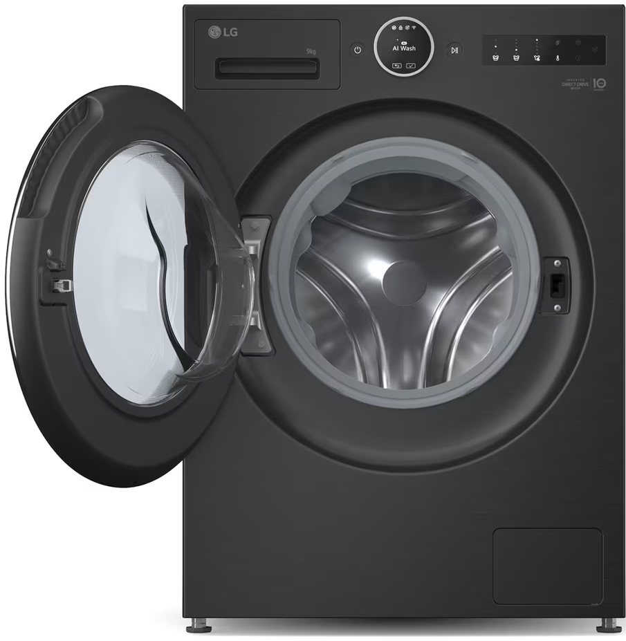 Eine schwarze LG Waschmaschine mit offener Tür. Die Trommel der Maschine ist sichtbar. Bedienelemente und Display befinden sich oben.