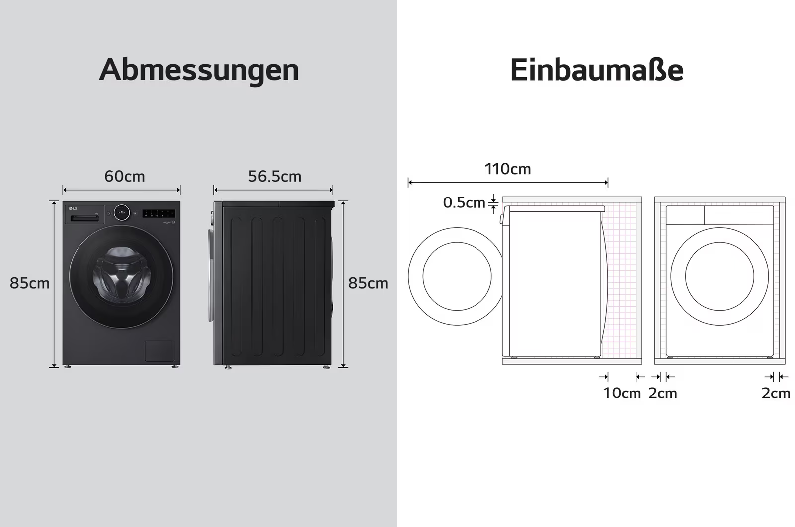 Diagramm mit den Abmessungen einer Waschmaschine. Enthält Vorder-, Seiten- und Draufsicht mit Angaben in cm.