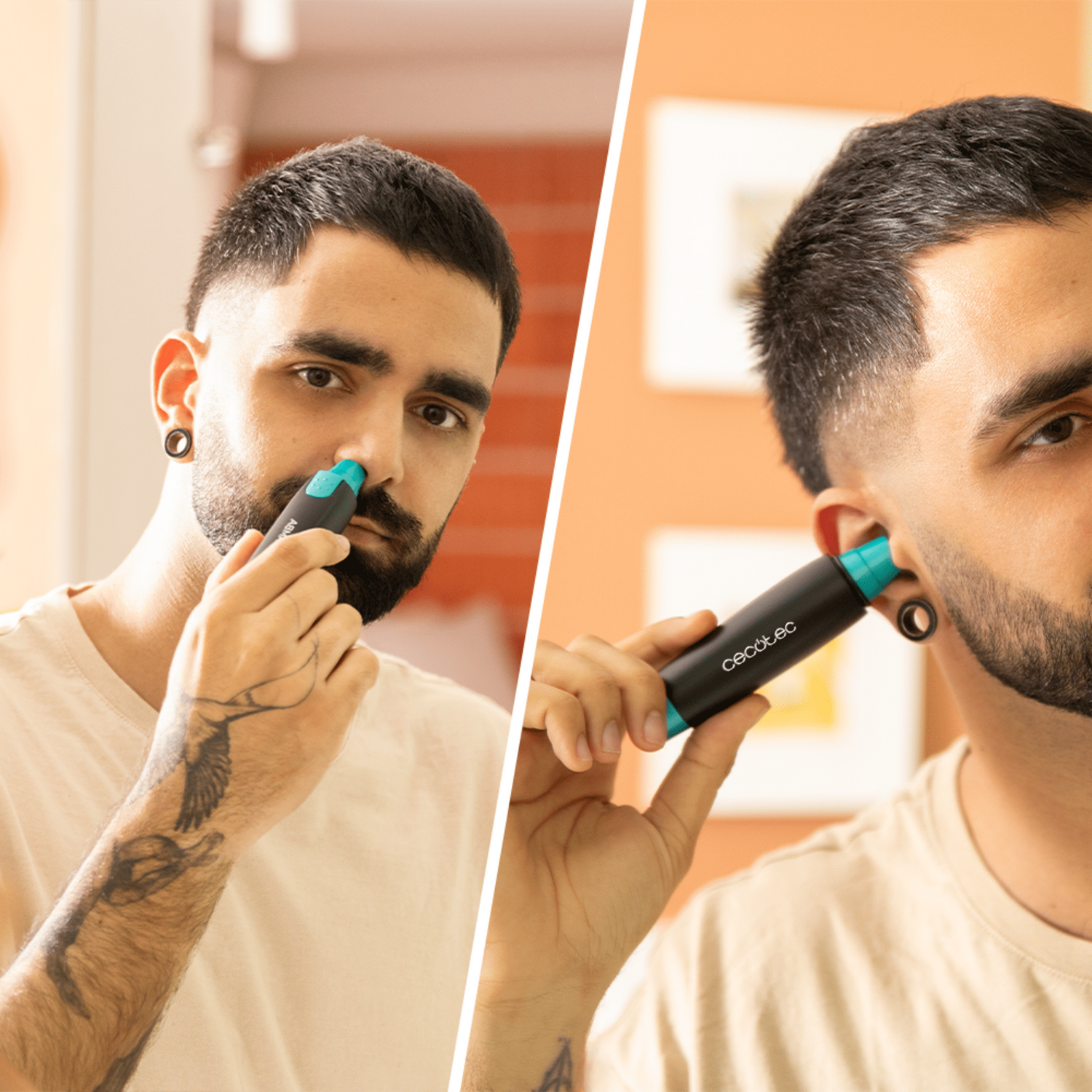 Un hombre con barba usa un recortador negro y turquesa en la nariz y la oreja. Lleva una camisa blanca y tiene tatuajes.