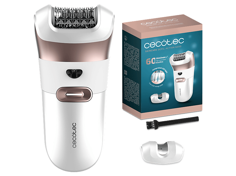 Depiladora - Cecotec SkinCare Depil-Action 6000, 60 láminas, Luz LED, Accesorio para zonas sensibles, minutos de autonomía, Blanco
