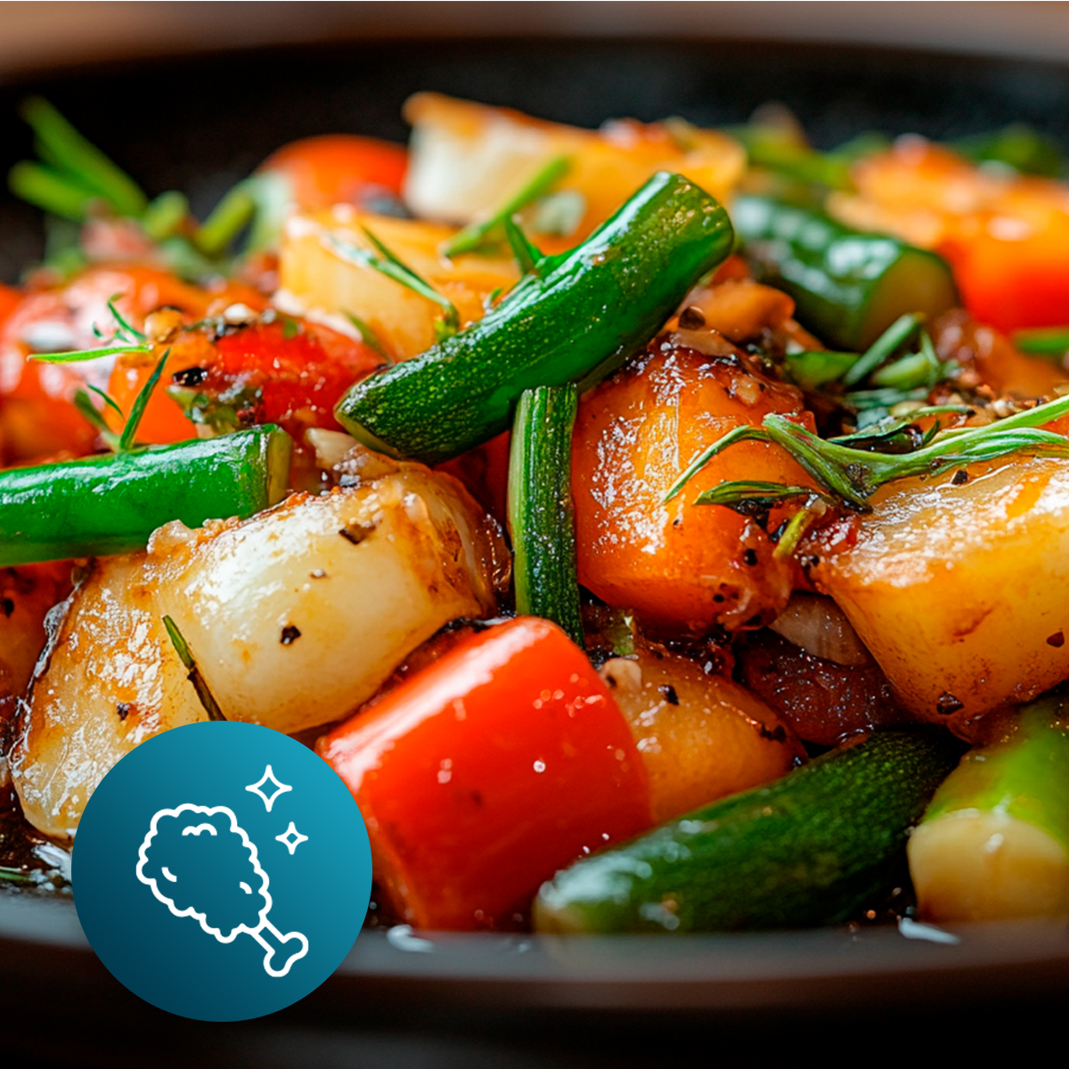 Primer plano de un plato con verduras asadas, incluyendo calabacín, tomates y patatas, condimentado con hierbas.