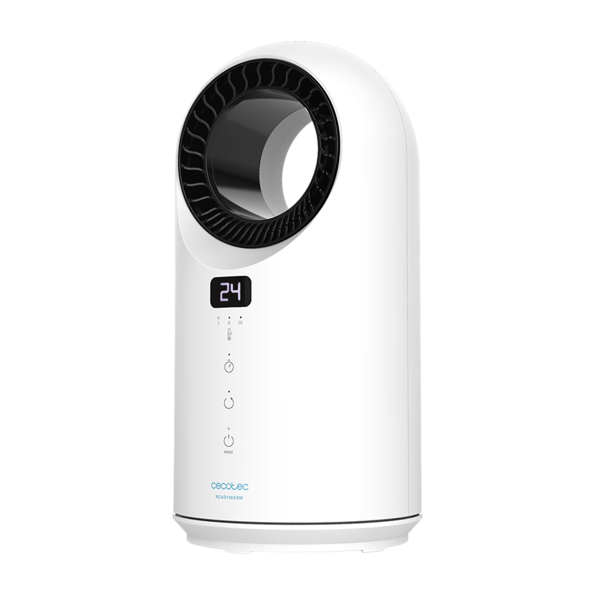 Calentador eléctrico blanco con rejilla negra y pantalla digital con el número 24.