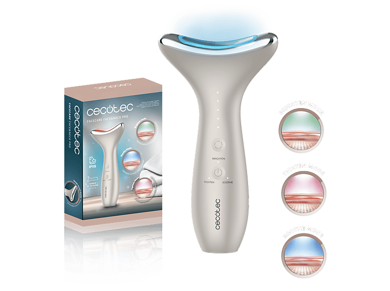 Cepillo facial - Cecotec FaceCare Face&Neck Pro, Fototerapia, Cara y cuello, 3 modos, 5 niveles de EMS, Vibración Calor, Blanco