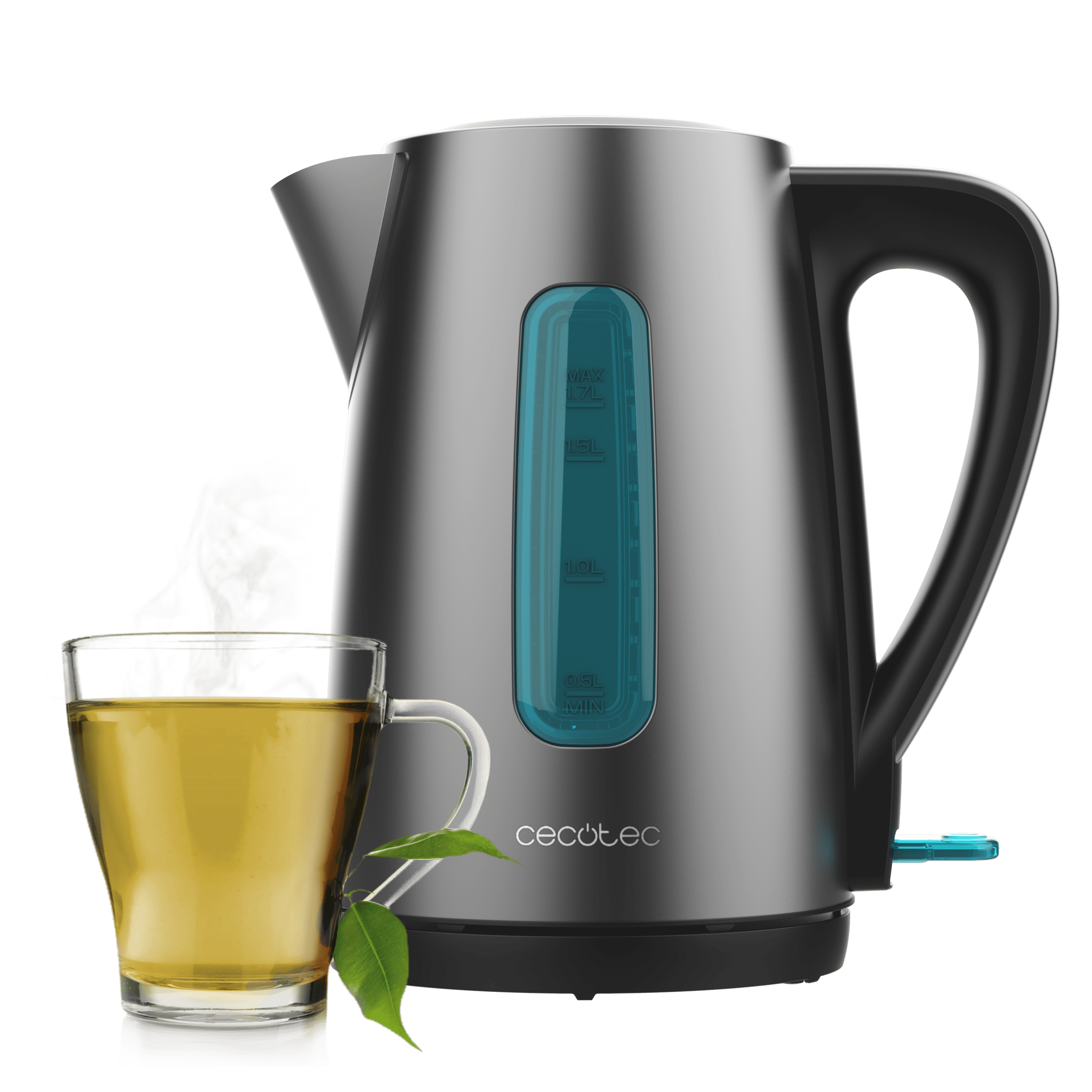 Hervidor eléctrico con un vaso de té. El hervidor es gris, tiene un indicador de nivel de agua azul. Fondo verde.