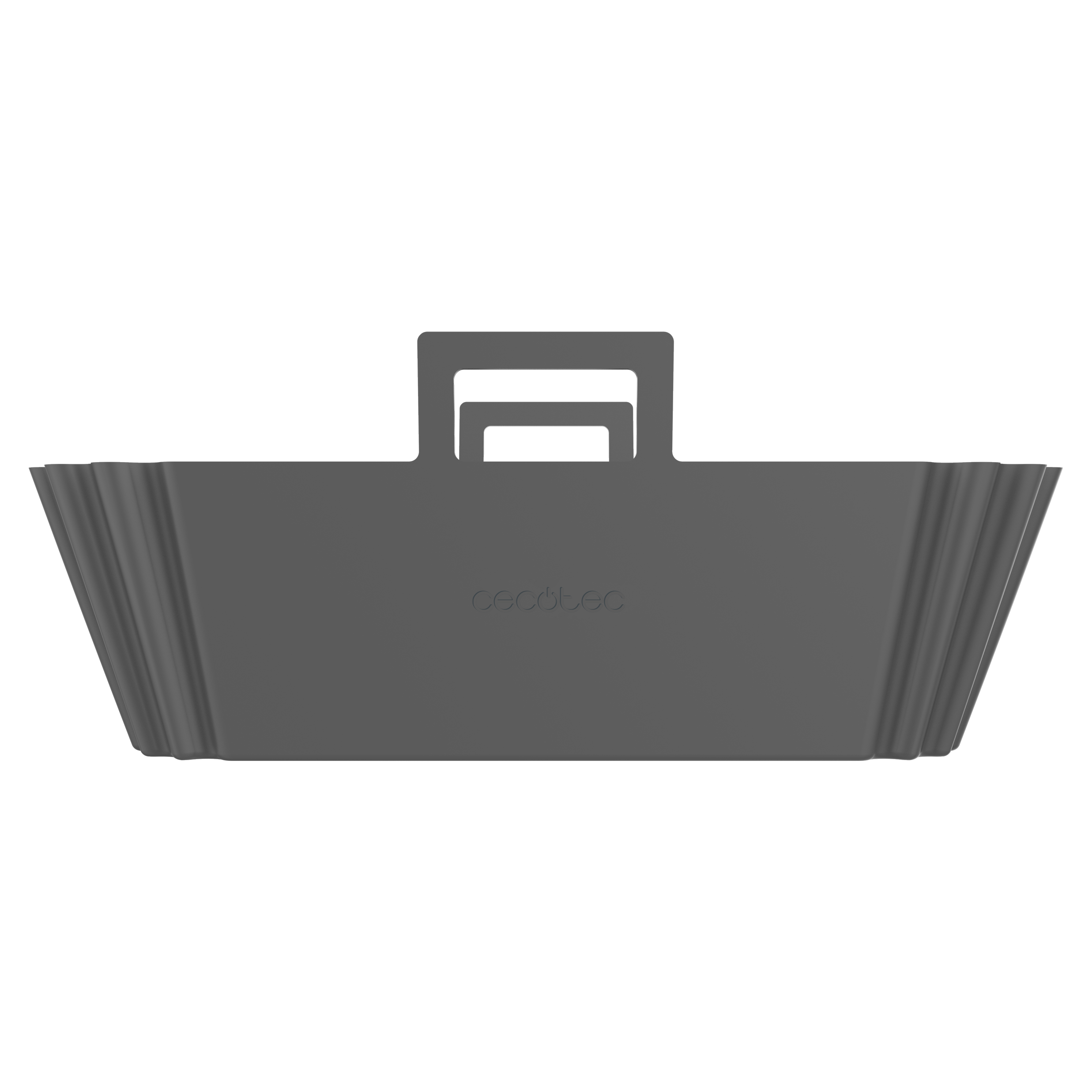 Una cesta de la compra gris y rectangular con asa. La marca 'Cecotec' es visible.