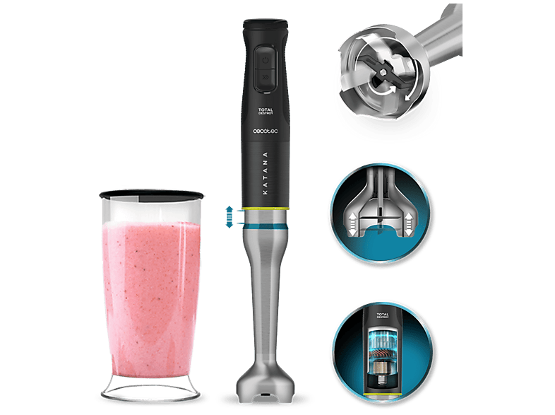 Batidora de mano - Cecotec Katana 15 TotalDestroy Jar B, Tecnología PerreoMove, 4 cuchillas titanio, Antisalpicaduras, Vaso, Gris