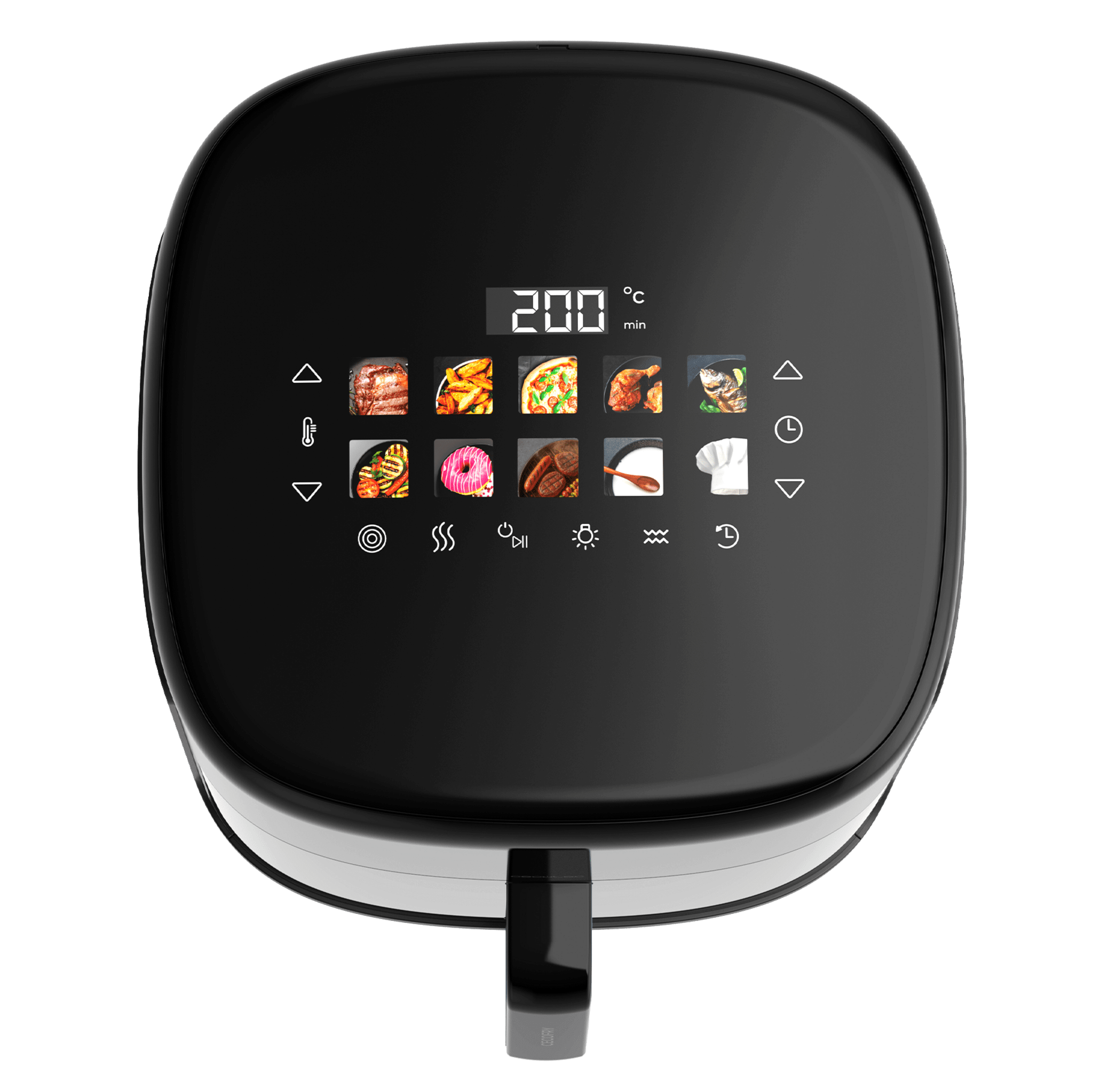 Freidora de aire negra con pantalla digital. Muestra 200 grados Celsius e iconos de comida. Asa en la parte inferior. Fondo verde.