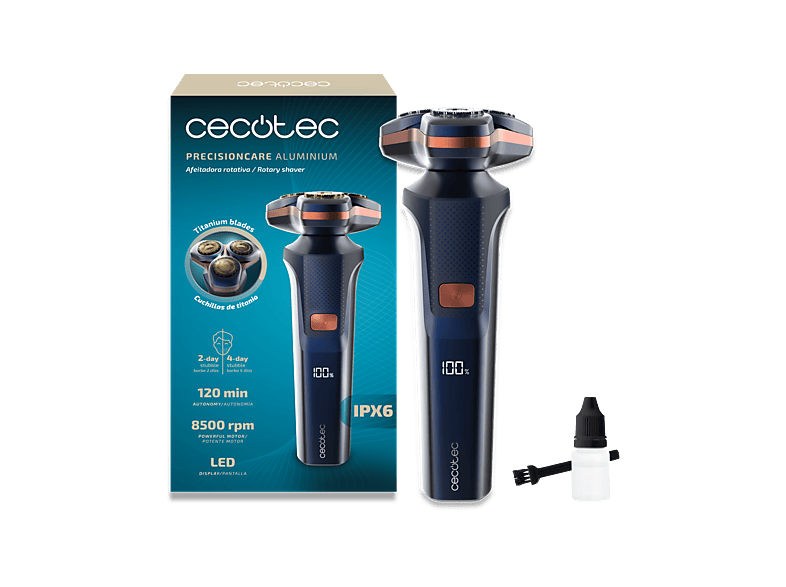 Cortapelos - Cecotec PrecisionCare Aluminium, Afeitadora rotativa para pelo largo y corto, 2 velocidades, 8500 RPM, 2h de autonomía, Azul