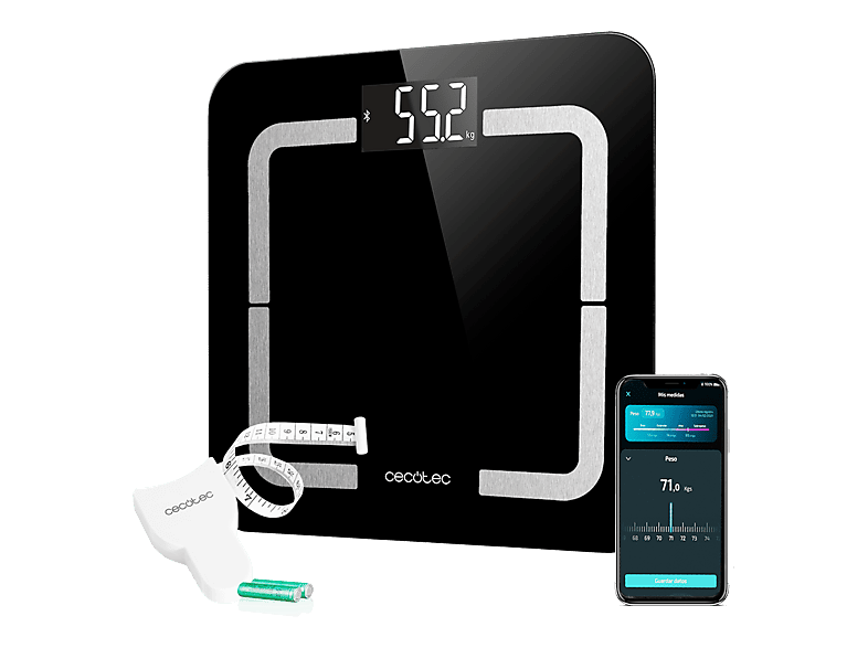 Báscula de baño - Cecotec Surface Precision Smart Healthy, Cristal Templado, Bluetooth, Medición Impedancia Bioeléctrica (BIA), Negro