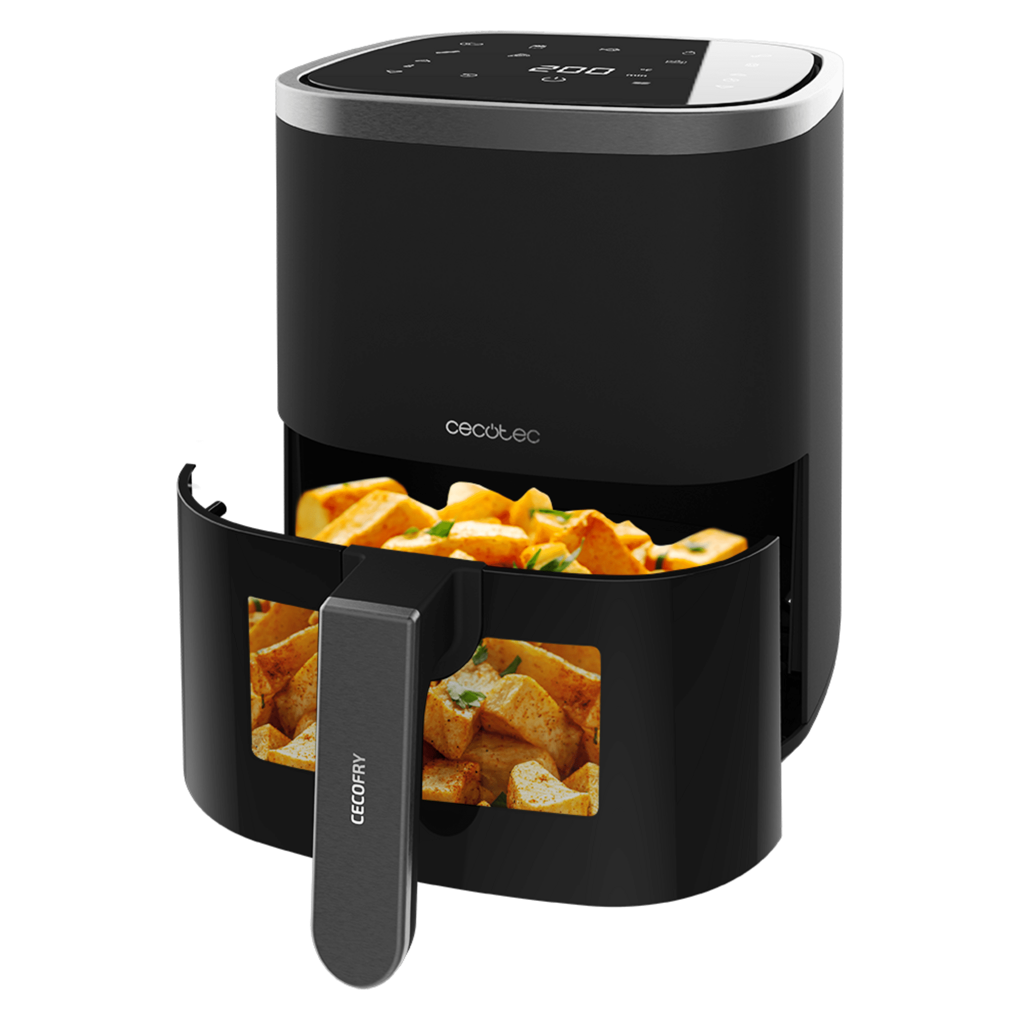 Freidora de aire negra con asa, llena de patatas fritas. La pantalla muestra 200. La marca es Cecotec.