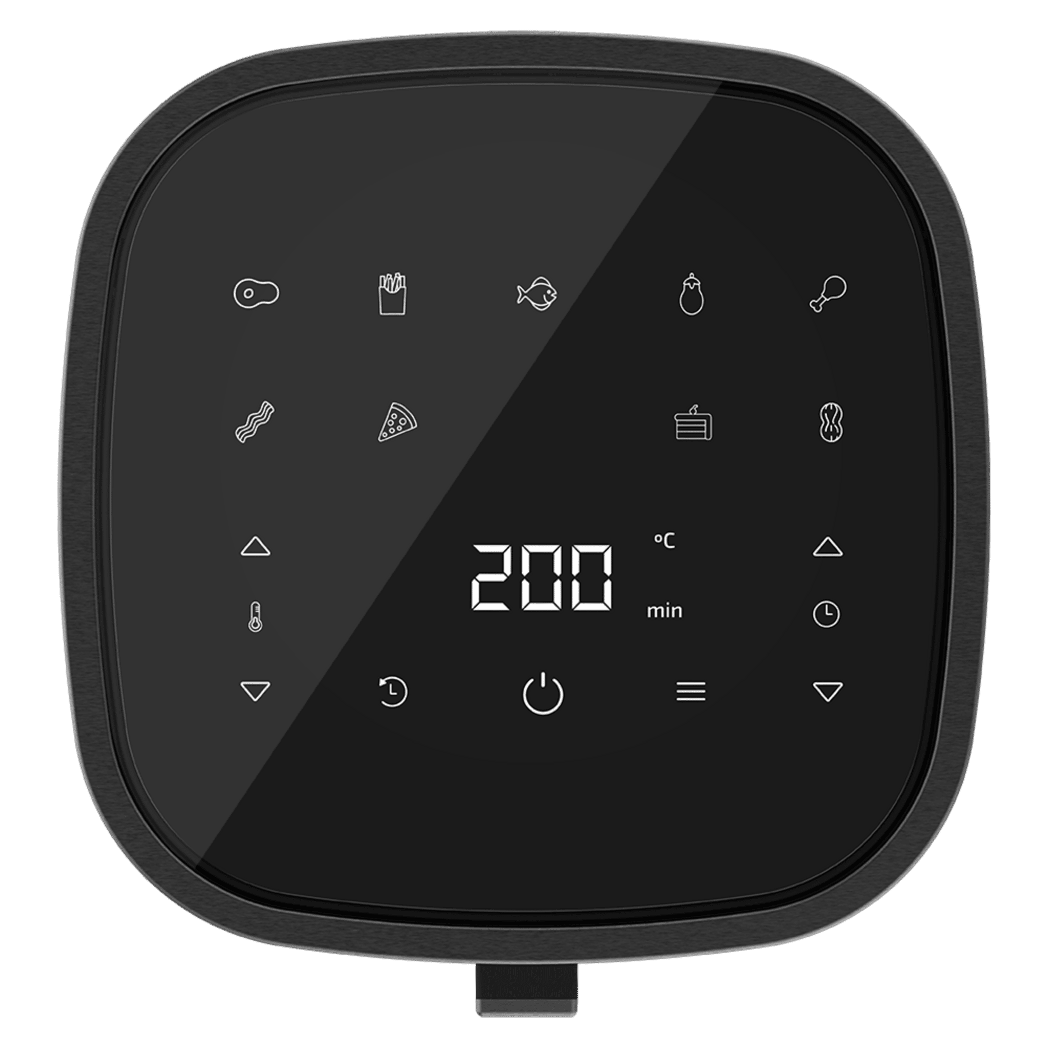 Panel de control de freidora de aire negro con iconos de comida, temperatura y temporizador, mostrando 200 grados y tiempo de cocción.