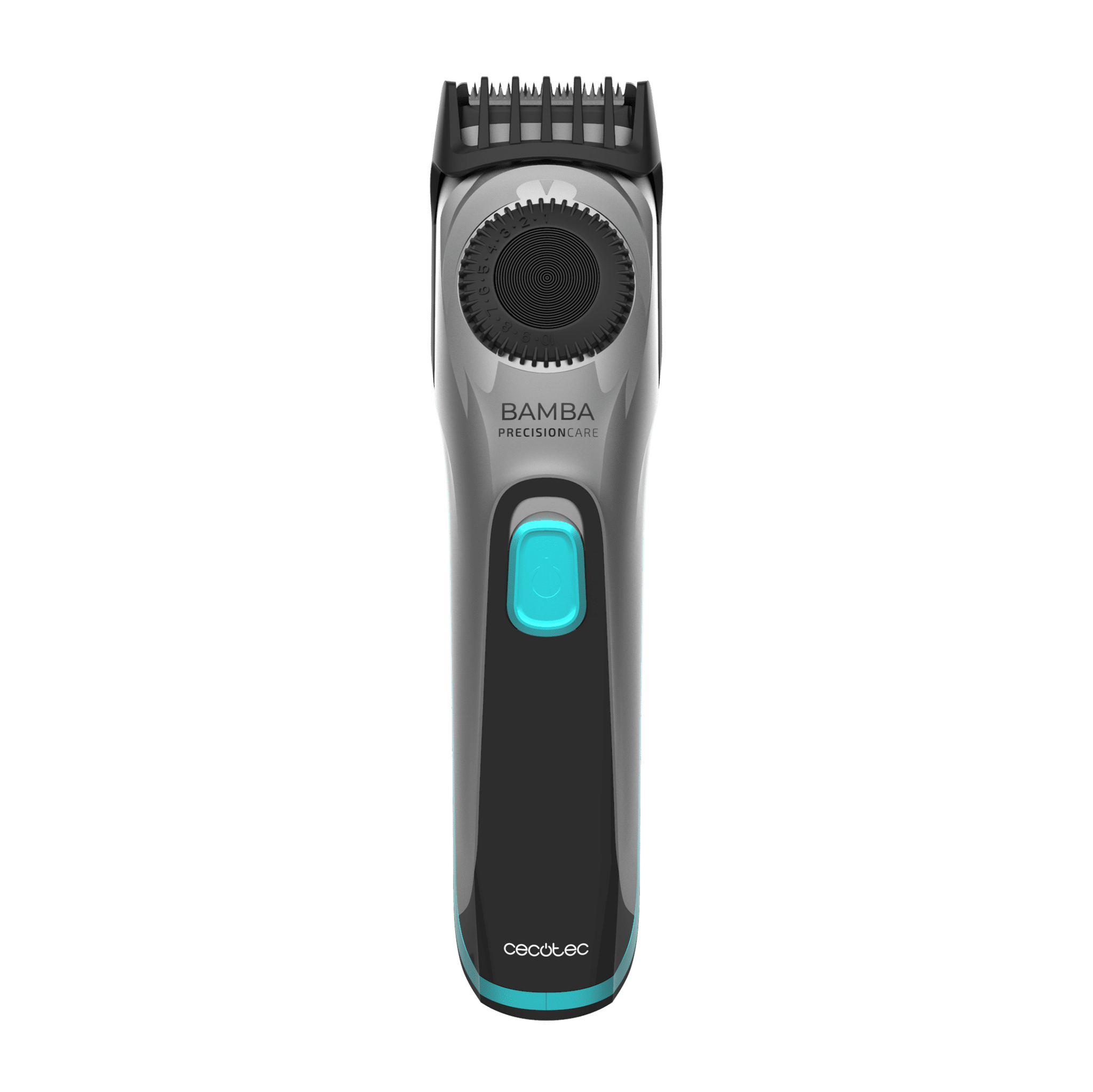 Un recortador de barba eléctrico plateado y negro, con botón azul y fondo verde.