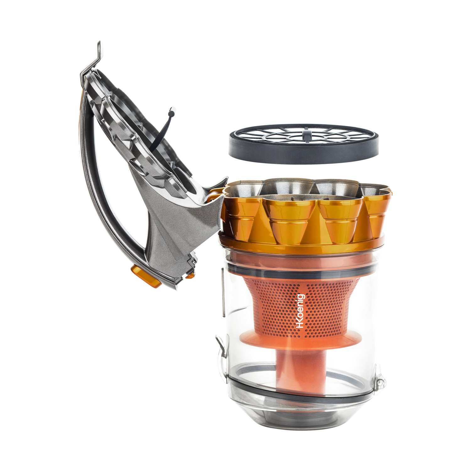 Aspirapolvere Dyson smontato. Include contenitore trasparente, filtro arancione, componenti oro e argento e un filtro circolare nero.