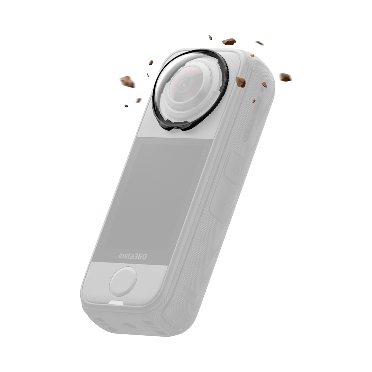 Una fotocamera Insta360 bianca con obiettivo e schermo. Piccole particelle marroni fluttuano intorno alla fotocamera.