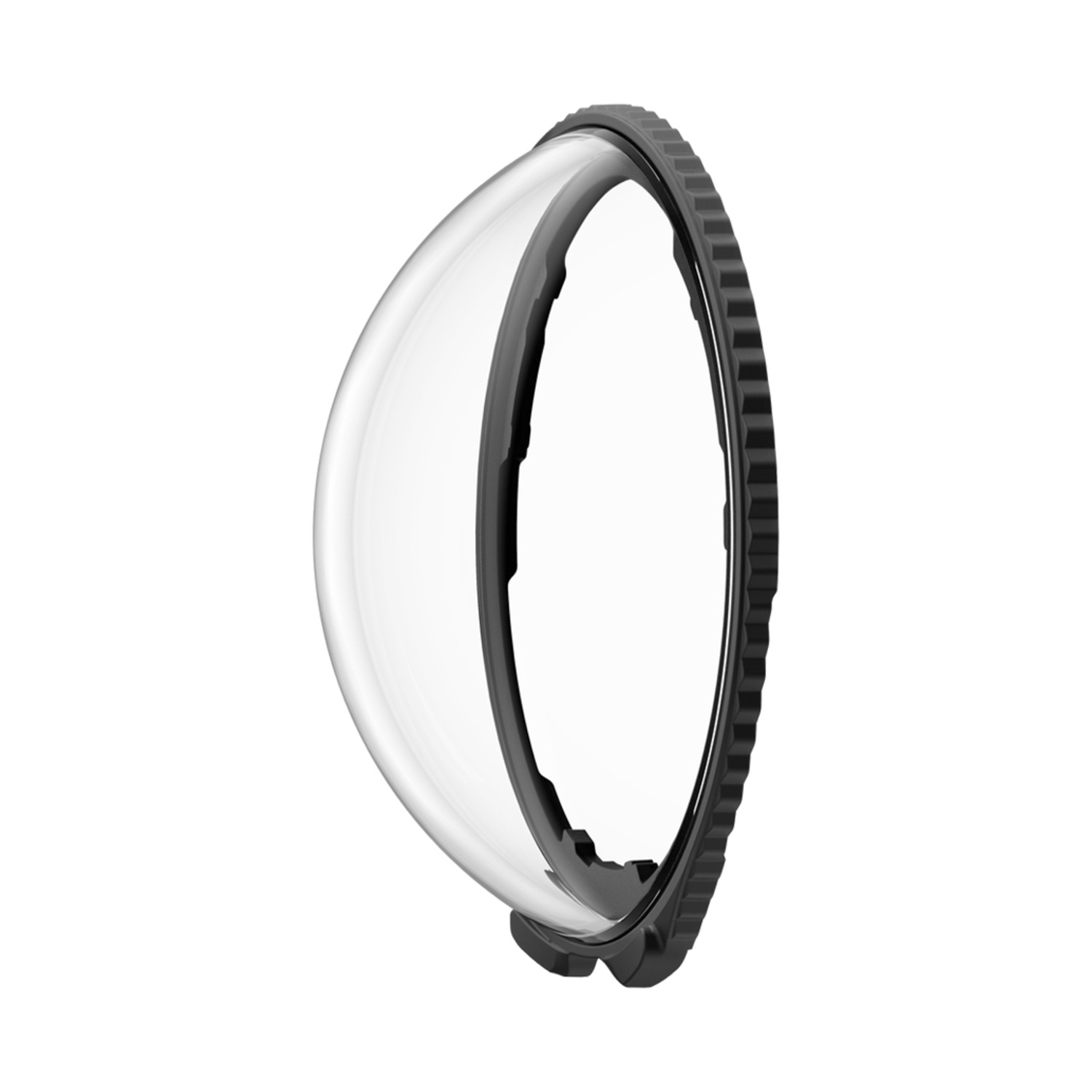 Una lente curva e trasparente con un anello nero e scanalato. La lente è centrata, su sfondo bianco. L'anello ha una superficie strutturata.