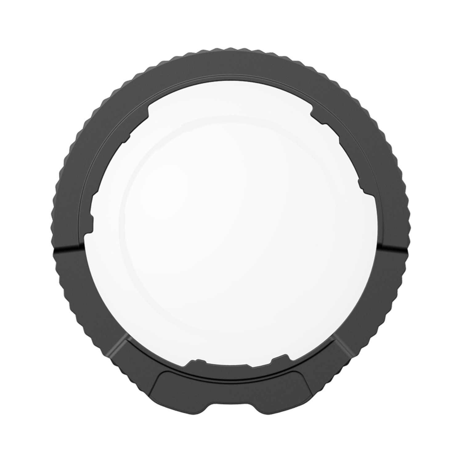 Un oggetto circolare nero con un centro bianco. L'anello esterno è strutturato. Sembra un copriobiettivo o simile.