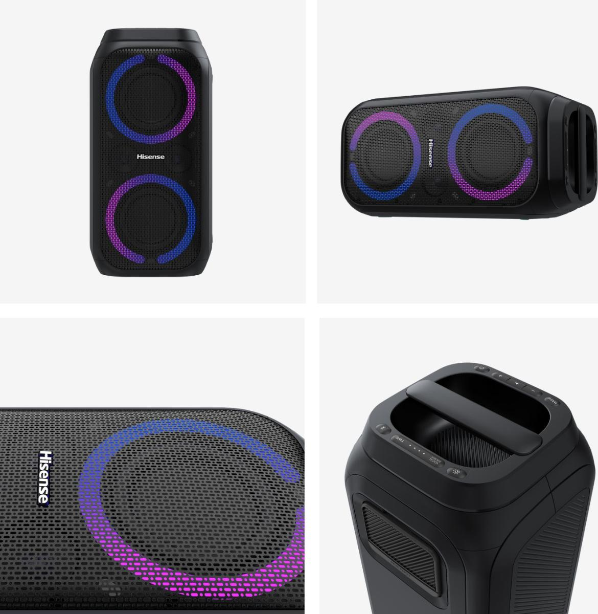 Czarny głośnik Hisense z dwiema maskownicami. Każda maskownica ma okrągły wyświetlacz świetlny w kolorach niebieskim i fioletowym.