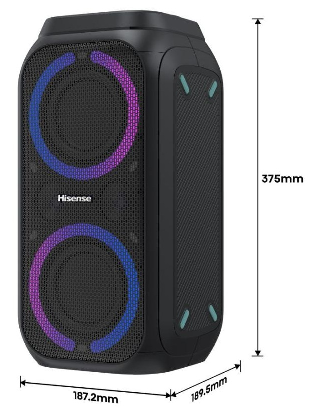 Czarny głośnik Hisense z świecącymi niebieskimi i fioletowymi pierścieniami wokół głośników. Wymiary: 187,2 mm x 189,5 mm x 375 mm.