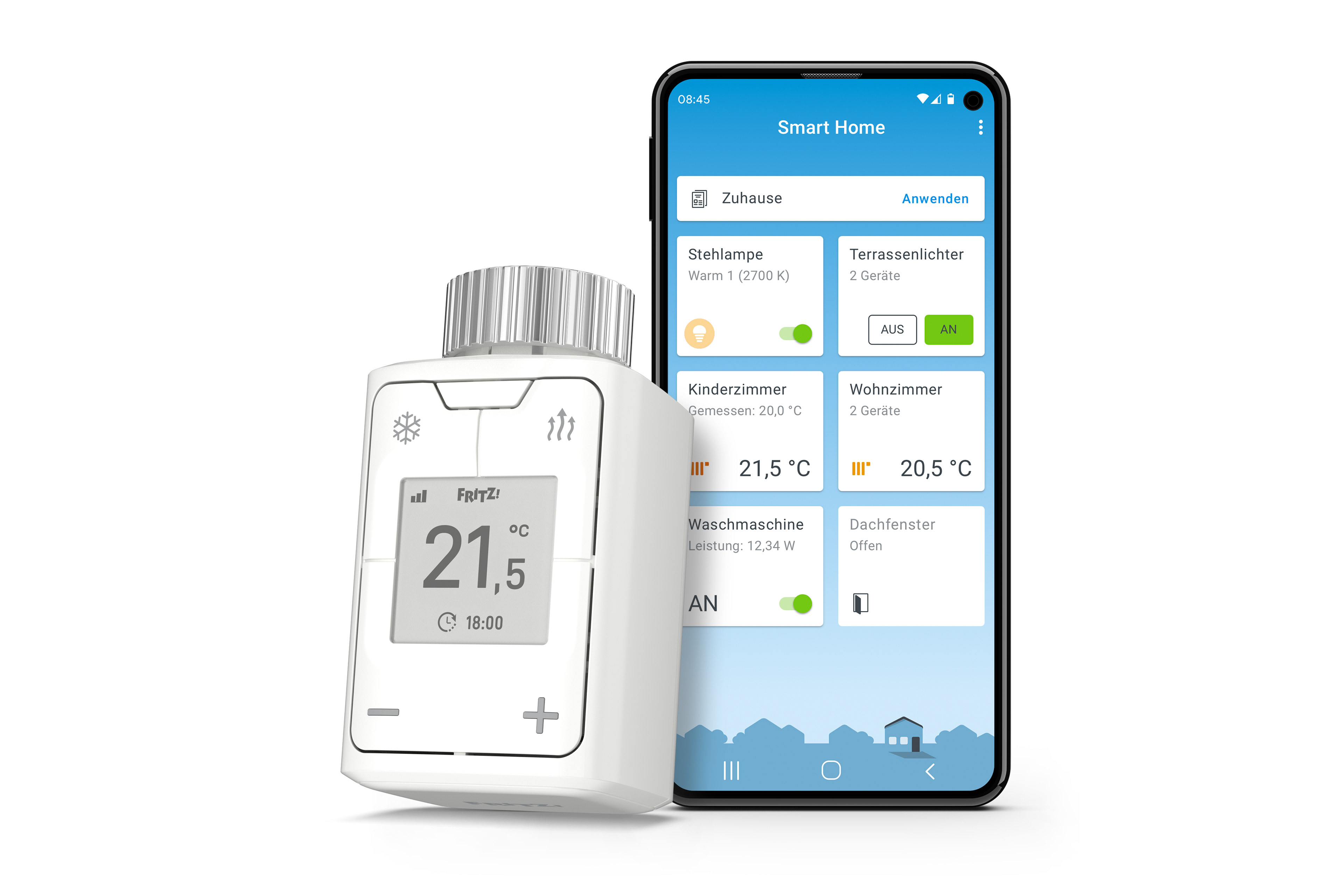 Ein Smart-Home-Setup mit Thermostat und Telefon mit App-Oberfläche.