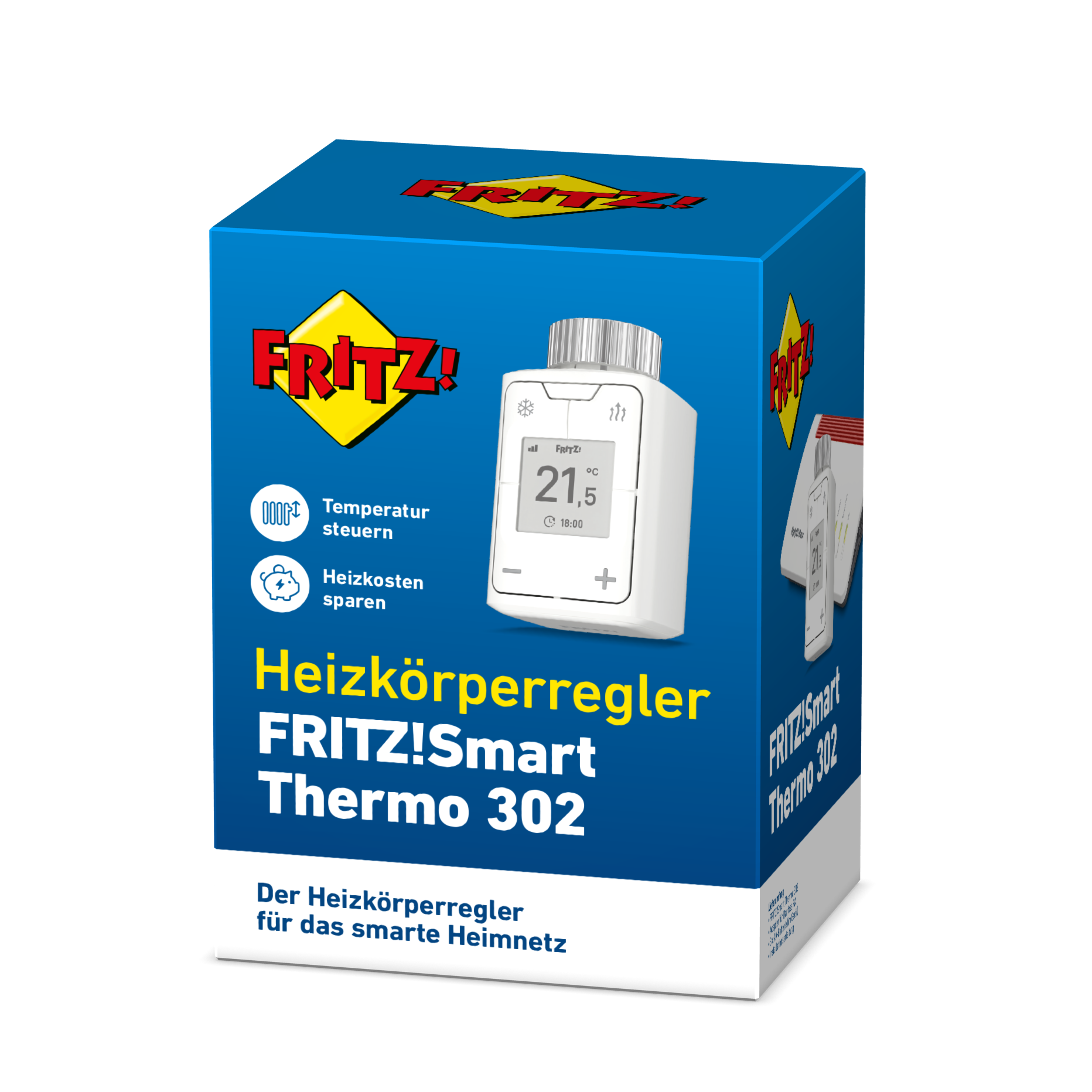 Schachtel mit FRITZ!Smart Thermo 302. Zeigt ein Thermostat mit Display, das FRITZ! Logo und Text.