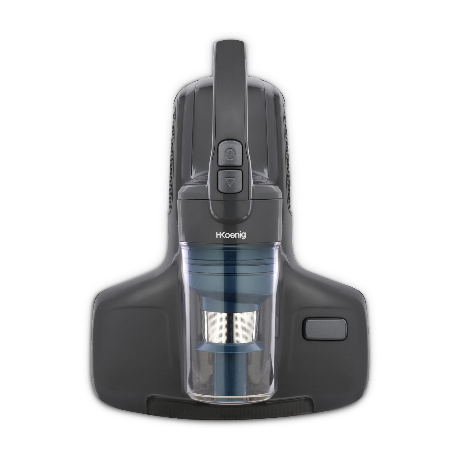 Un aspirapolvere portatile H.Koenig grigio e nero su sfondo bianco. Ha un contenitore per la polvere trasparente con filtro blu.