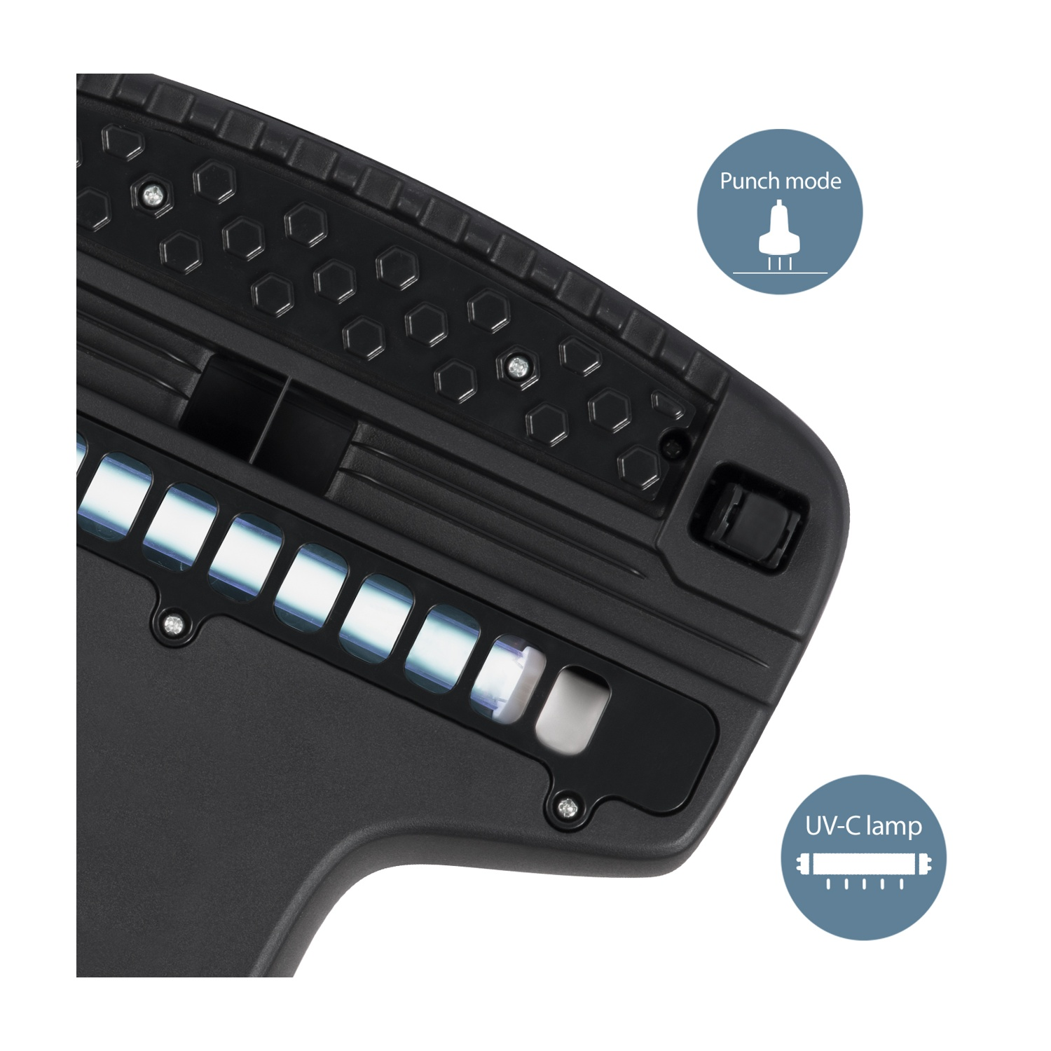Primo piano di un dispositivo nero con una serie di luci, un'icona 'Modalità punzone' e un'icona 'lampada UV-C'.