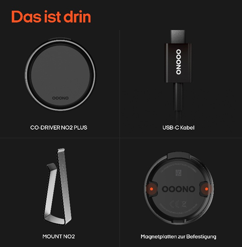 Das Bild zeigt ein Produktset: ein rundes Gerät, ein USB-C-Kabel, eine Halterung und eine Geräte-Rückseite. Text auf Deutsch.