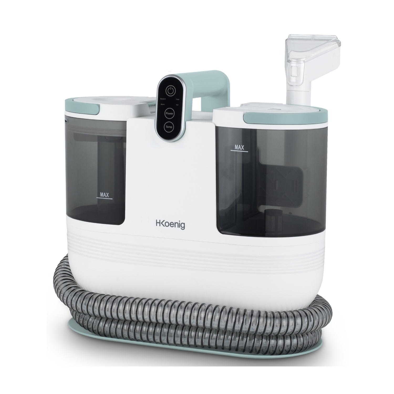 Un pulitore per tappeti bianco e verde acqua. Presenta due serbatoi scuri, un pannello di controllo e un tubo flessibile arrotolato. Il marchio è HKoenig.