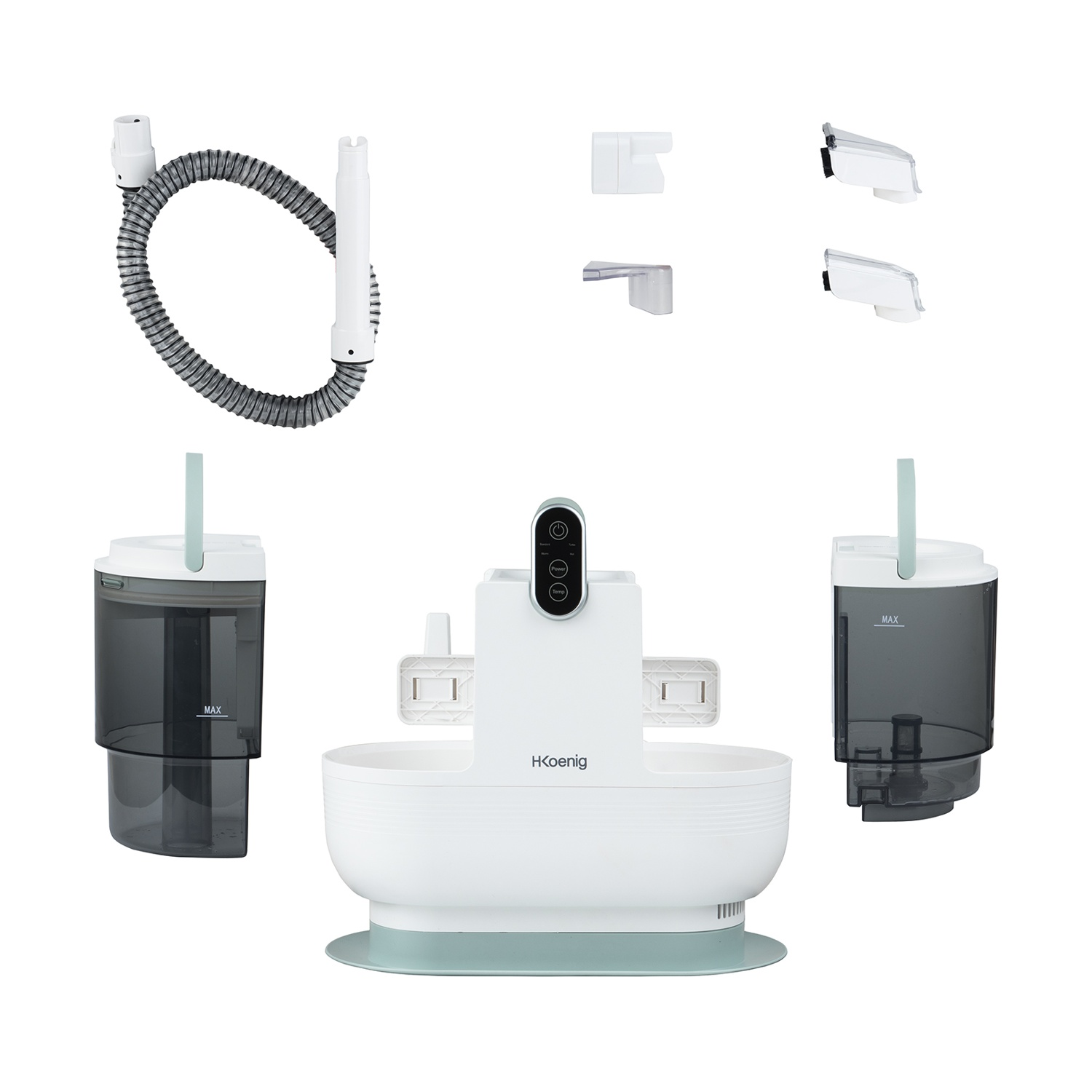 Parti dell'aspirapolvere: tubo, serbatoi d'acqua, accessori e unità principale con il marchio H.Koenig. Tutto è bianco e grigio.