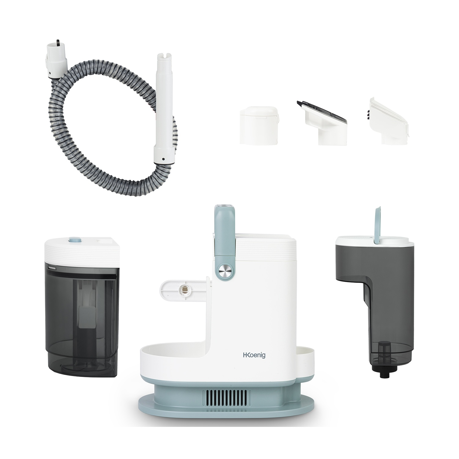 Un aspirapolvere bianco e blu con vari accessori. Include un tubo, diversi ugelli e contenitori d'acqua.