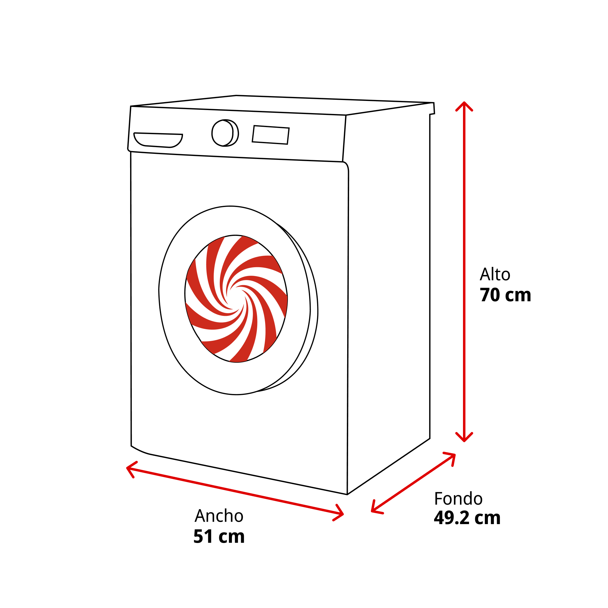 Un dibujo lineal de una lavadora. Es blanca con un diseño espiral rojo y blanco en la puerta. Se muestran las dimensiones.
