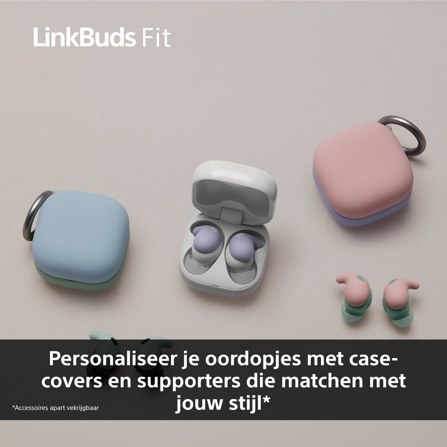 Image shows earbud accessories: cases and ear tips in various colors. Text promotes personalization with matching styles.