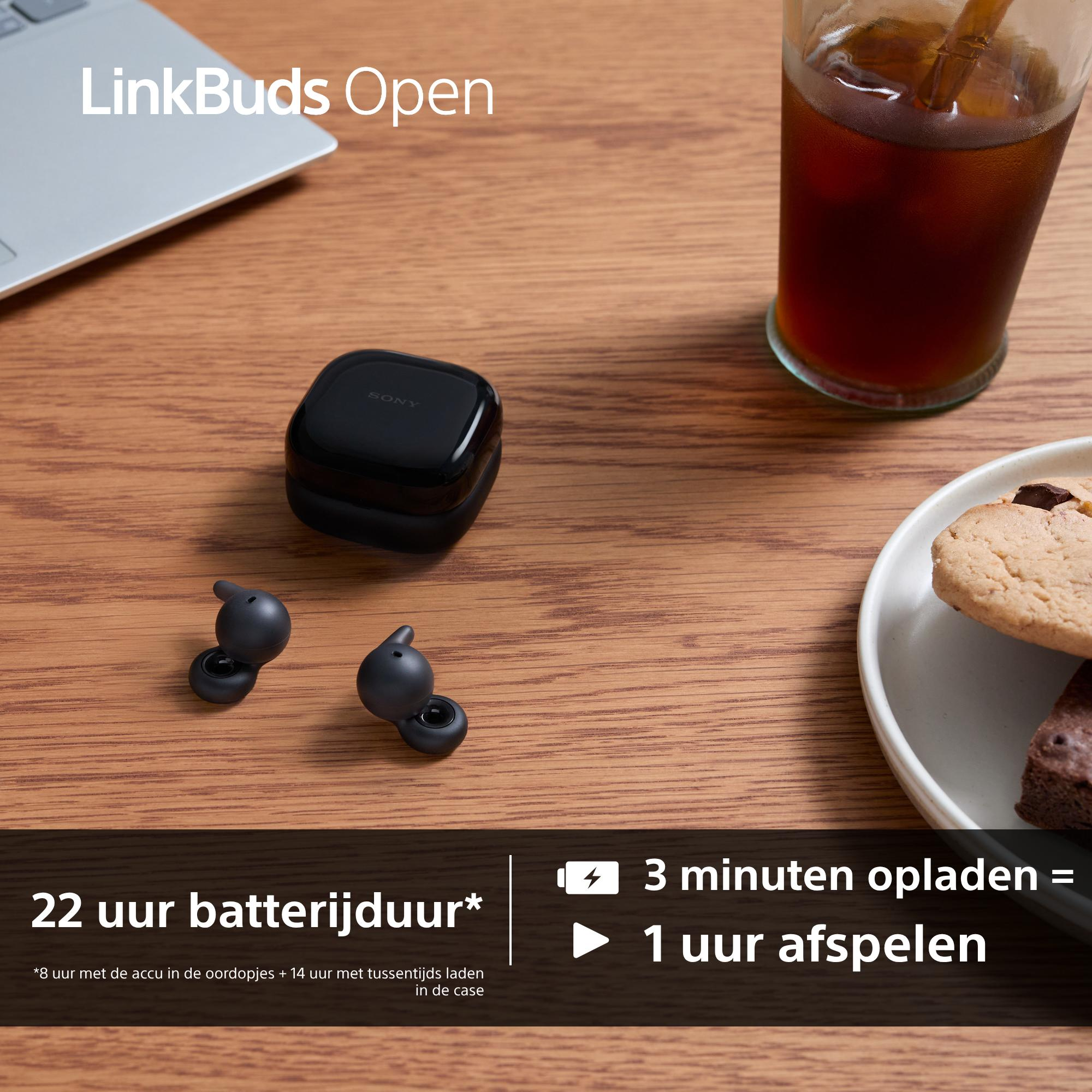Image features black earbuds, a charging case, a glass of iced drink, and a plate with cookies. Text displays battery life.