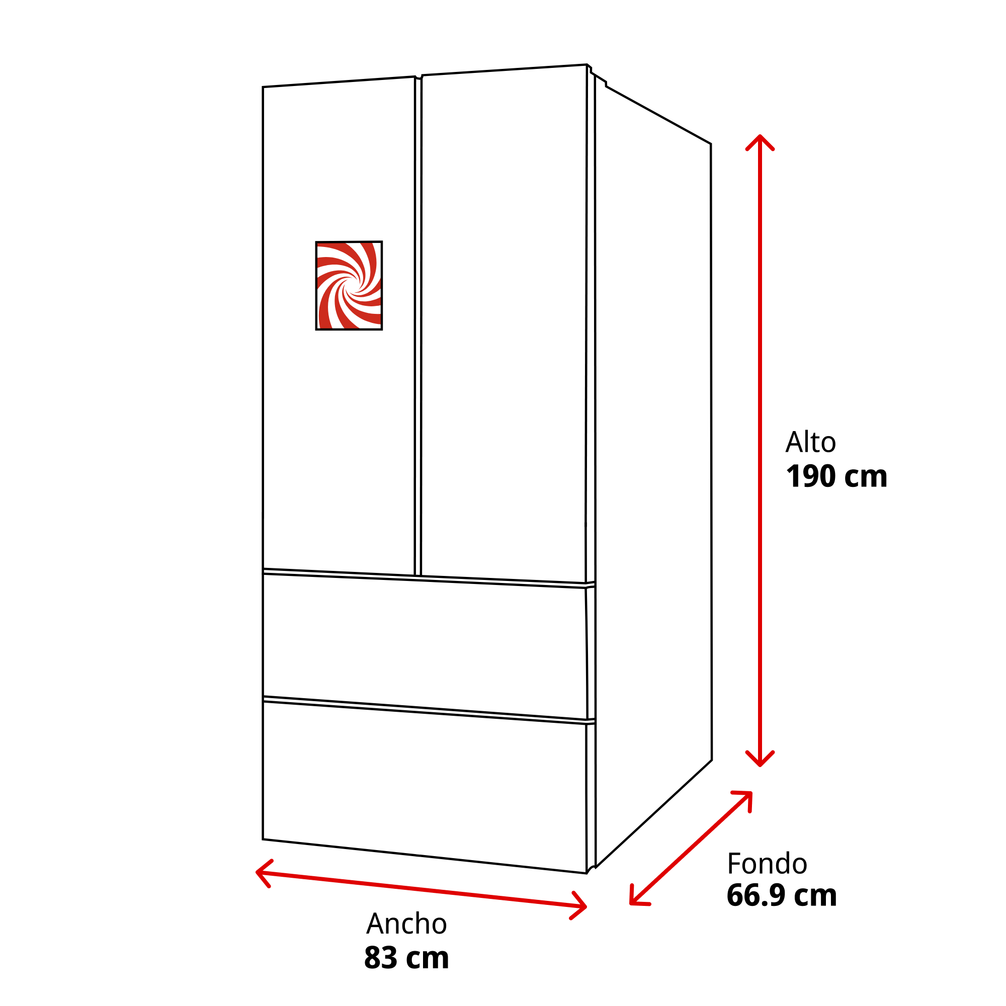 Un refrigerador blanco con dimensiones y un logotipo en espiral.