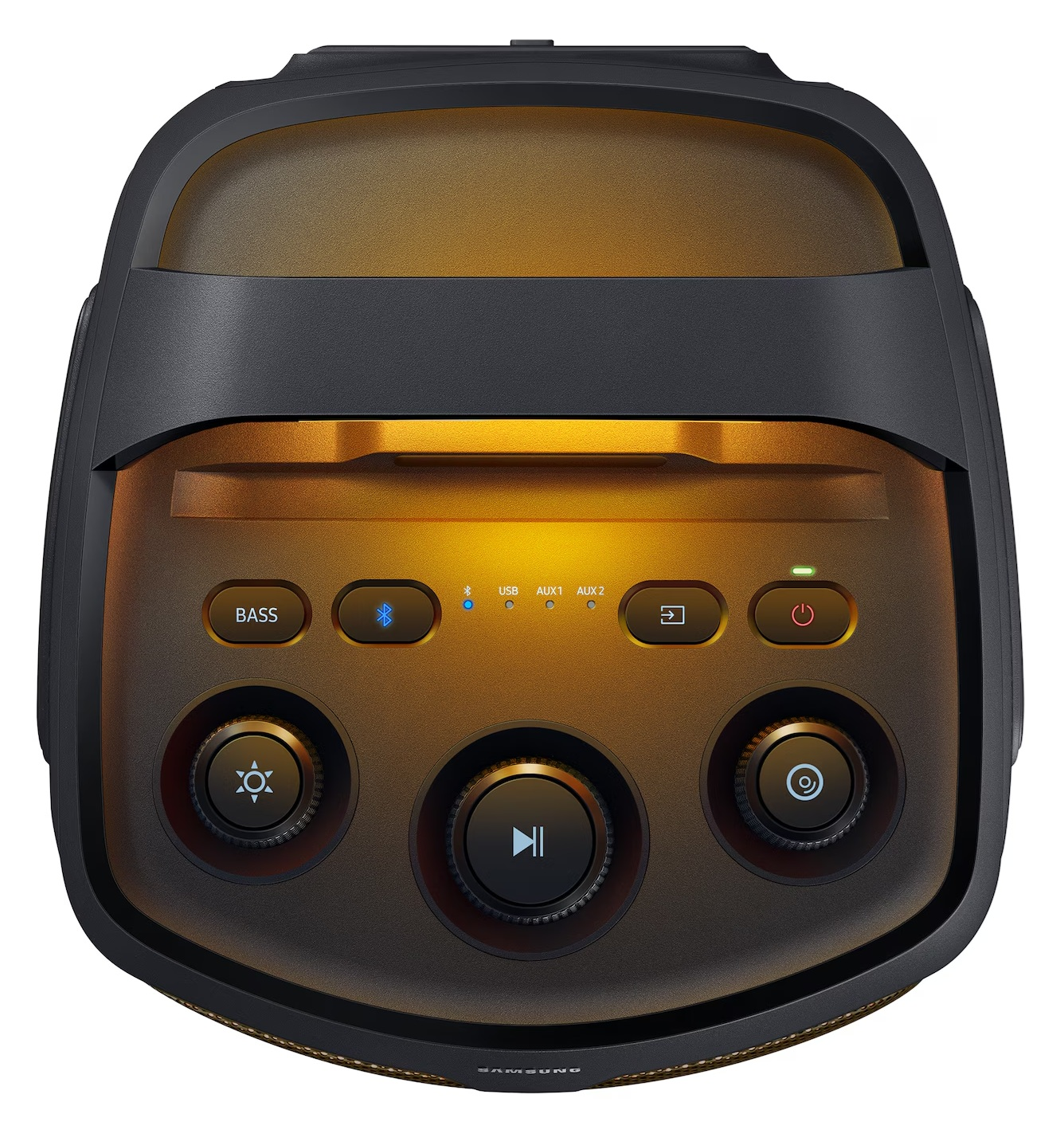 Czarny głośnik Samsung z przyciskami i pokrętłami. Kontrolki obejmują basy, zasilanie i odtwarzanie. Górny uchwyt. Oświetlony pomarańczowym światłem.