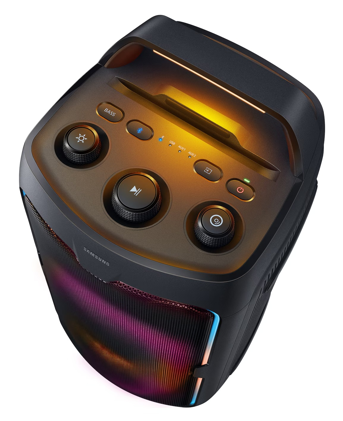 Czarny głośnik Samsung z przyciskami i światłami. Ma uchwyt. Przód głośnika ma kolorowe światła.