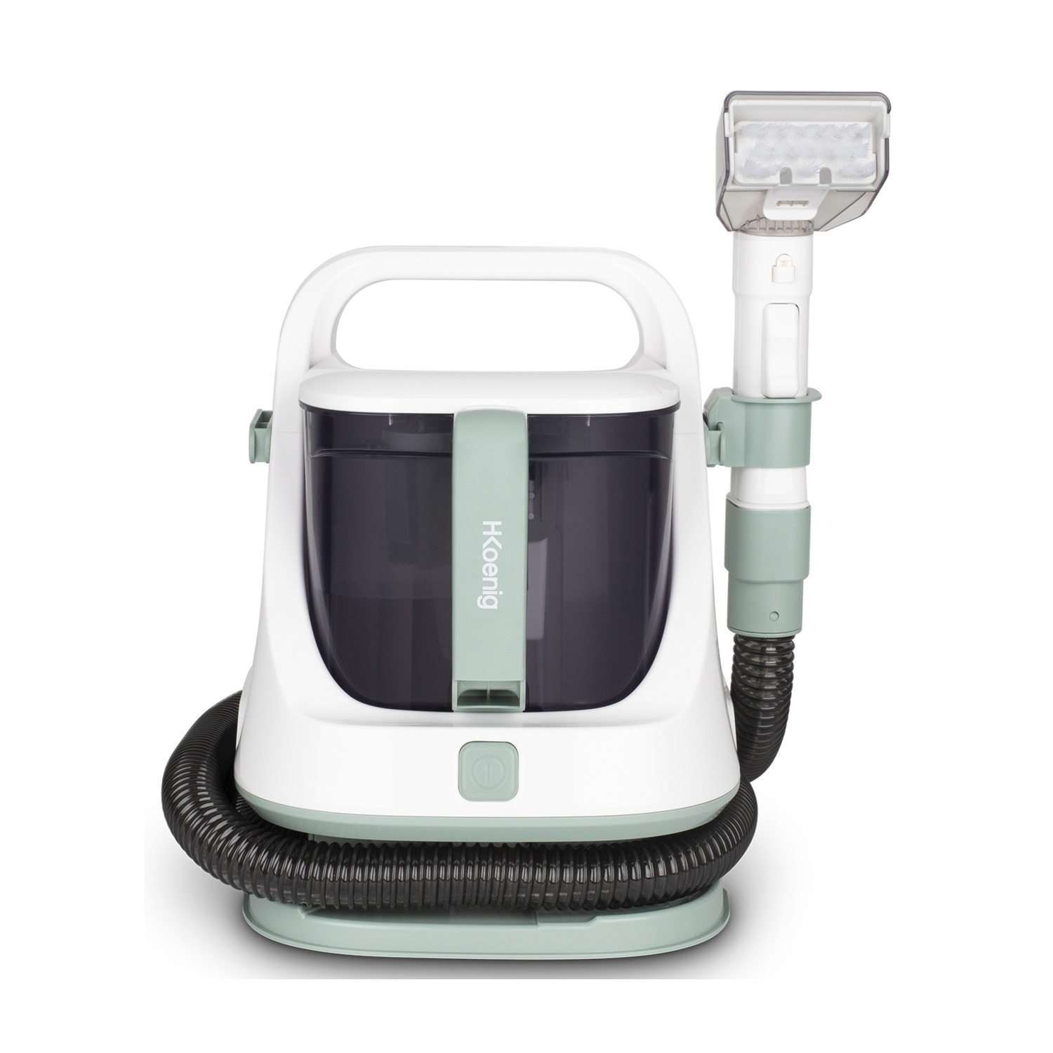 Un pulitore per tappeti bianco e verde con un tubo nero. Il pulitore ha una maniglia e un ugello. Il marchio è Koenig.