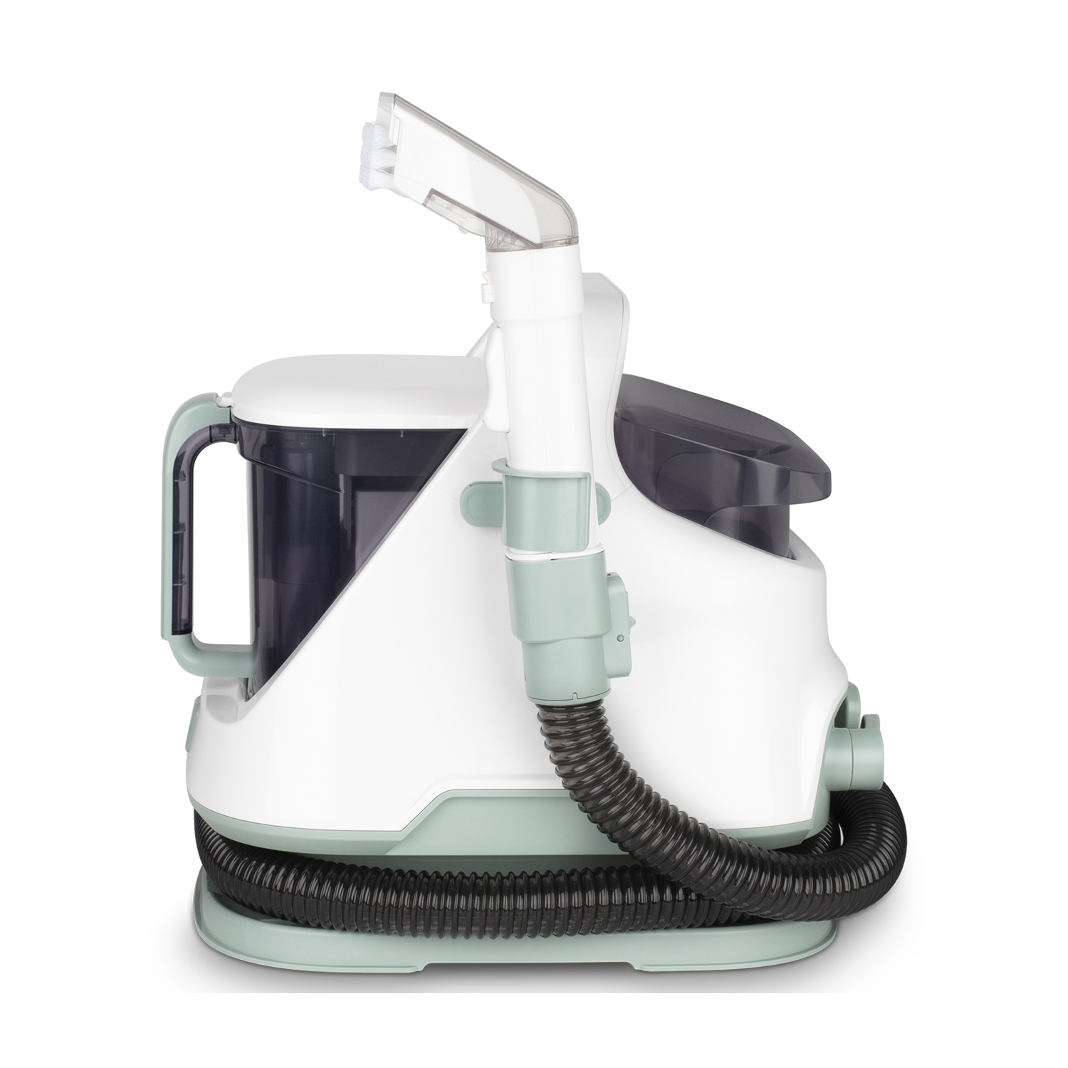 Un pulitore per tappeti bianco e verde acqua. Presenta un ugello trasparente, un tubo nero e un contenitore scuro. Il dispositivo poggia su una base verde acqua.