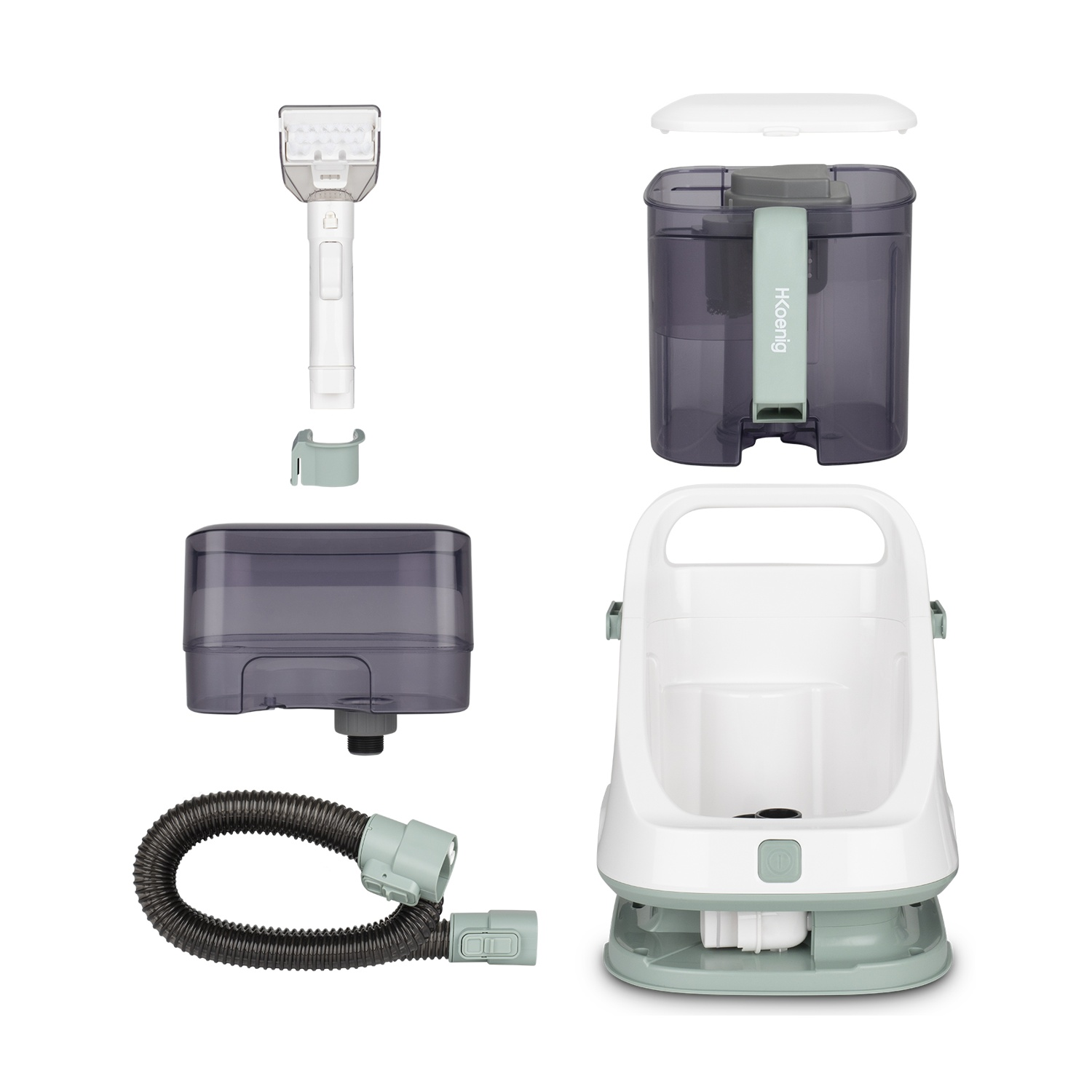 Parti di aspirapolvere smontate: manico, serbatoio dell'acqua, tubo e base. I colori bianco e verde dominano.