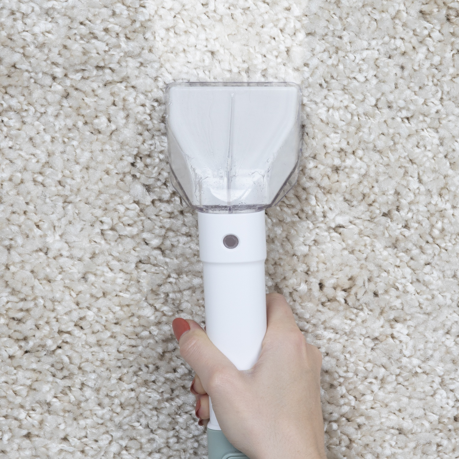 Una mano tiene un pulitore per tappeti bianco sopra un tappeto beige. La testa del pulitore è di plastica trasparente.