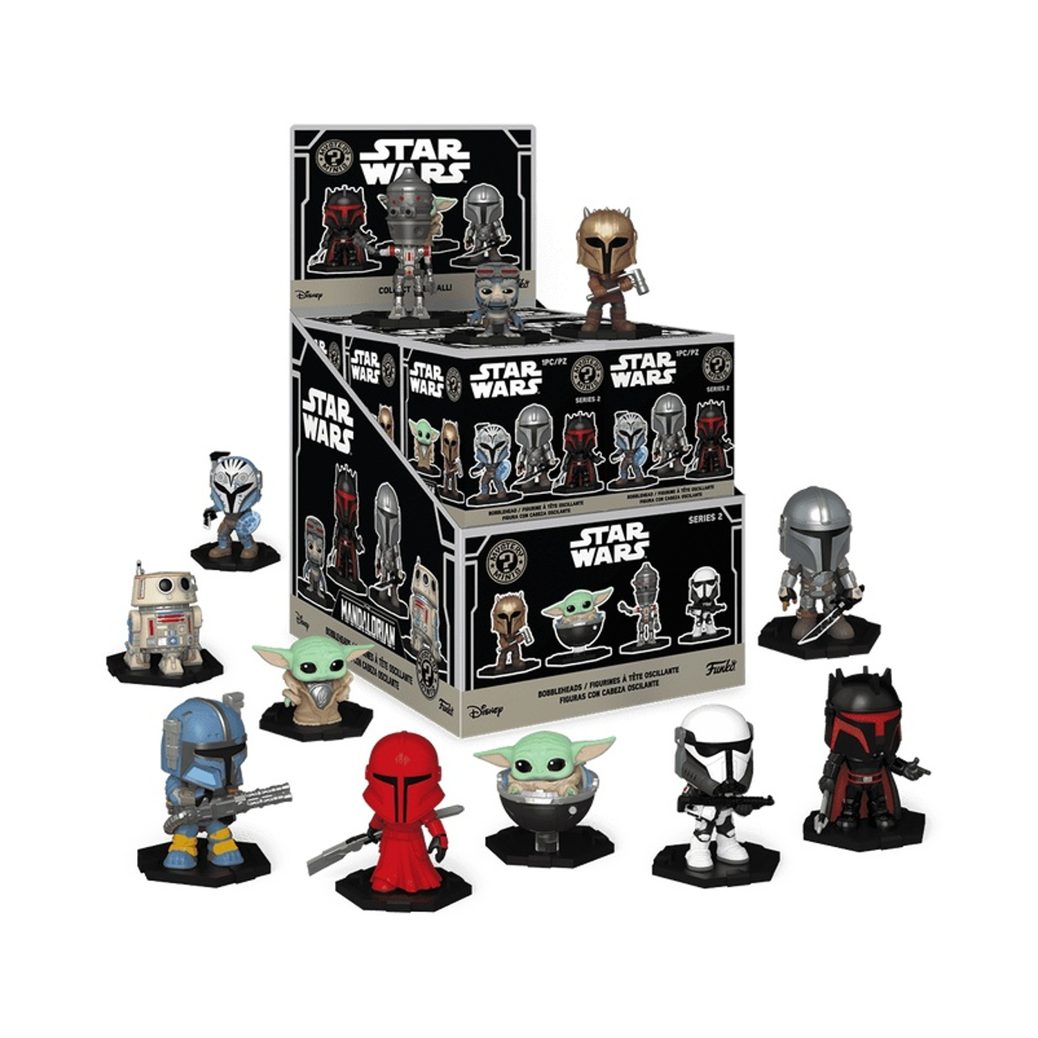 Collezione di personaggi Funko Pop di Star Wars, tra cui The Mandalorian e Grogu, esposti intorno a una scatola.
