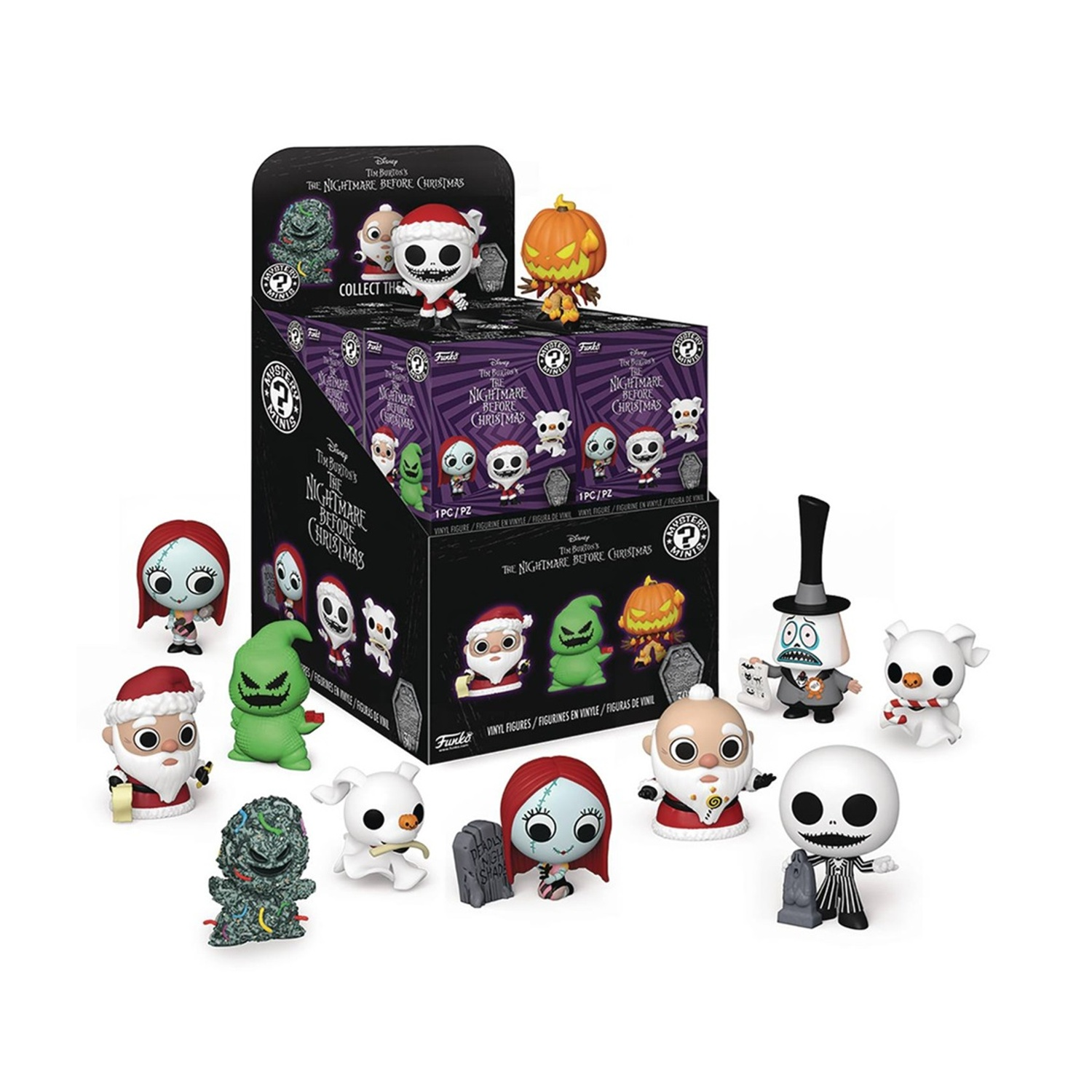 Collezione di statuine Funko di Nightmare Before Christmas. Scatola espositiva con statuine sopra e intorno. Personaggi: Jack, Sally e altri.