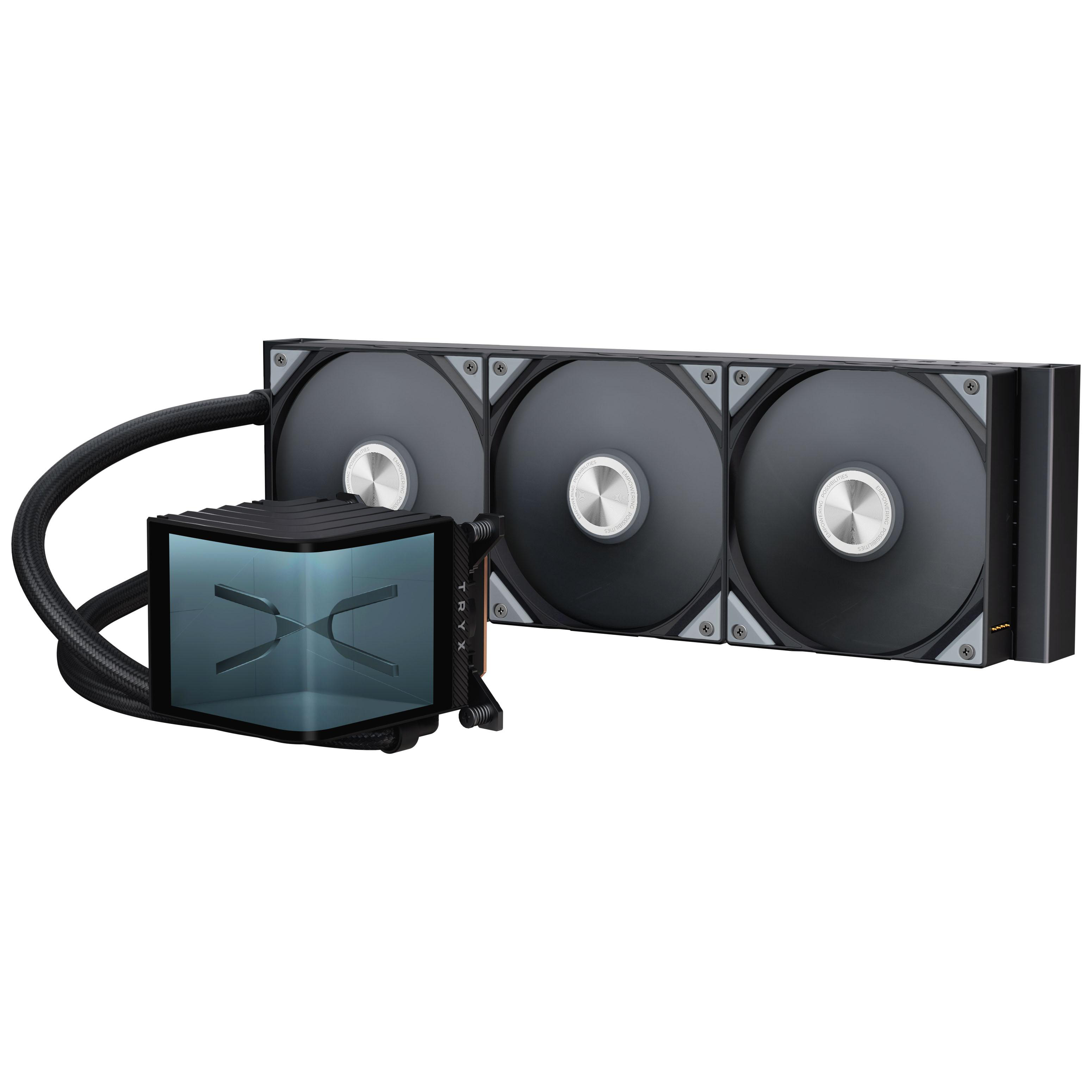 Ein Computer-Flüssigkeitskühler. Er hat drei Lüfter, eine Pumpe und schwarze Schläuche. Die Lüfter sind dunkelgrau.