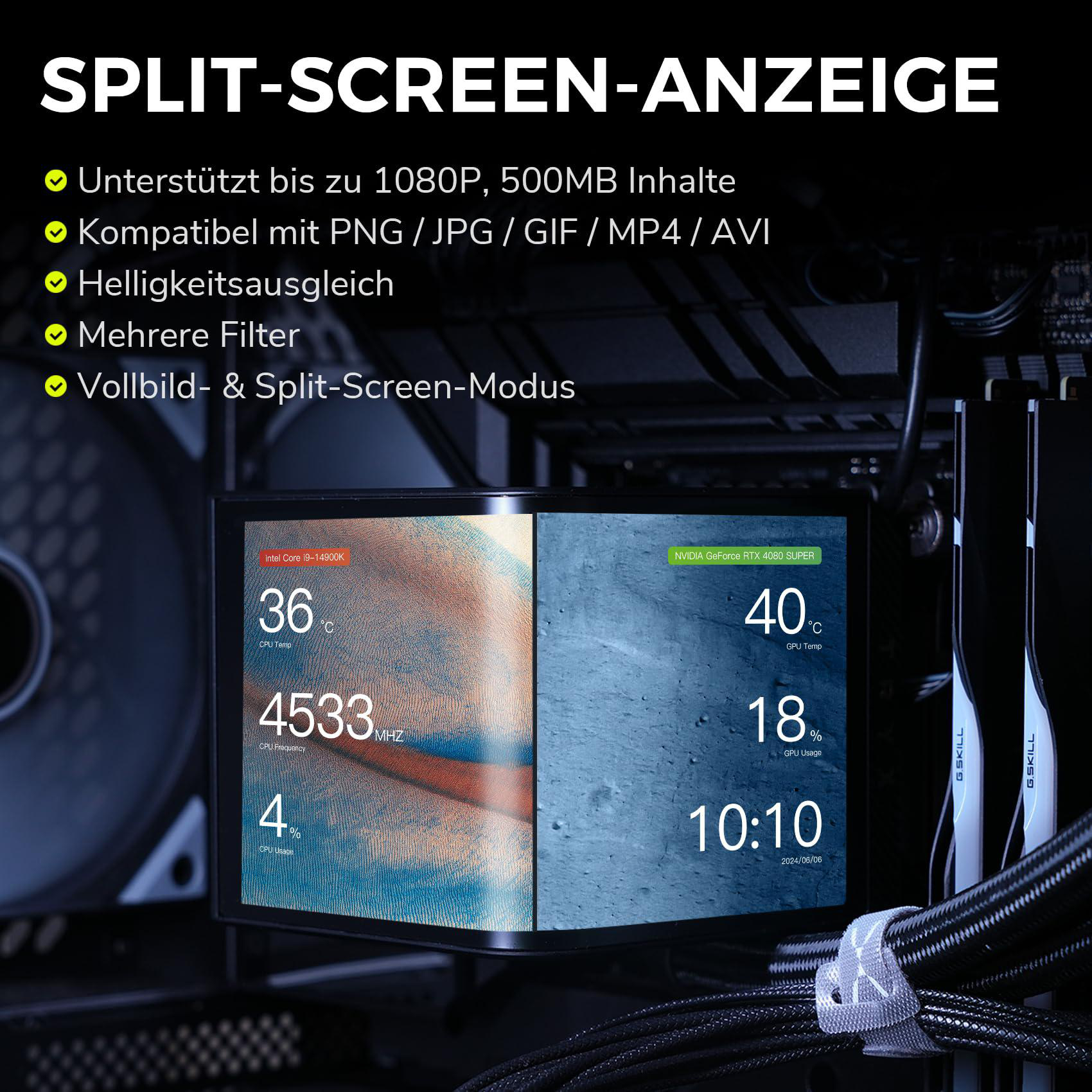 Ein geteilter Bildschirm zeigt CPU- und GPU-Daten, mit einem Computergehäuse im Hintergrund. Temperaturen und Nutzungsstatistiken sind sichtbar.
