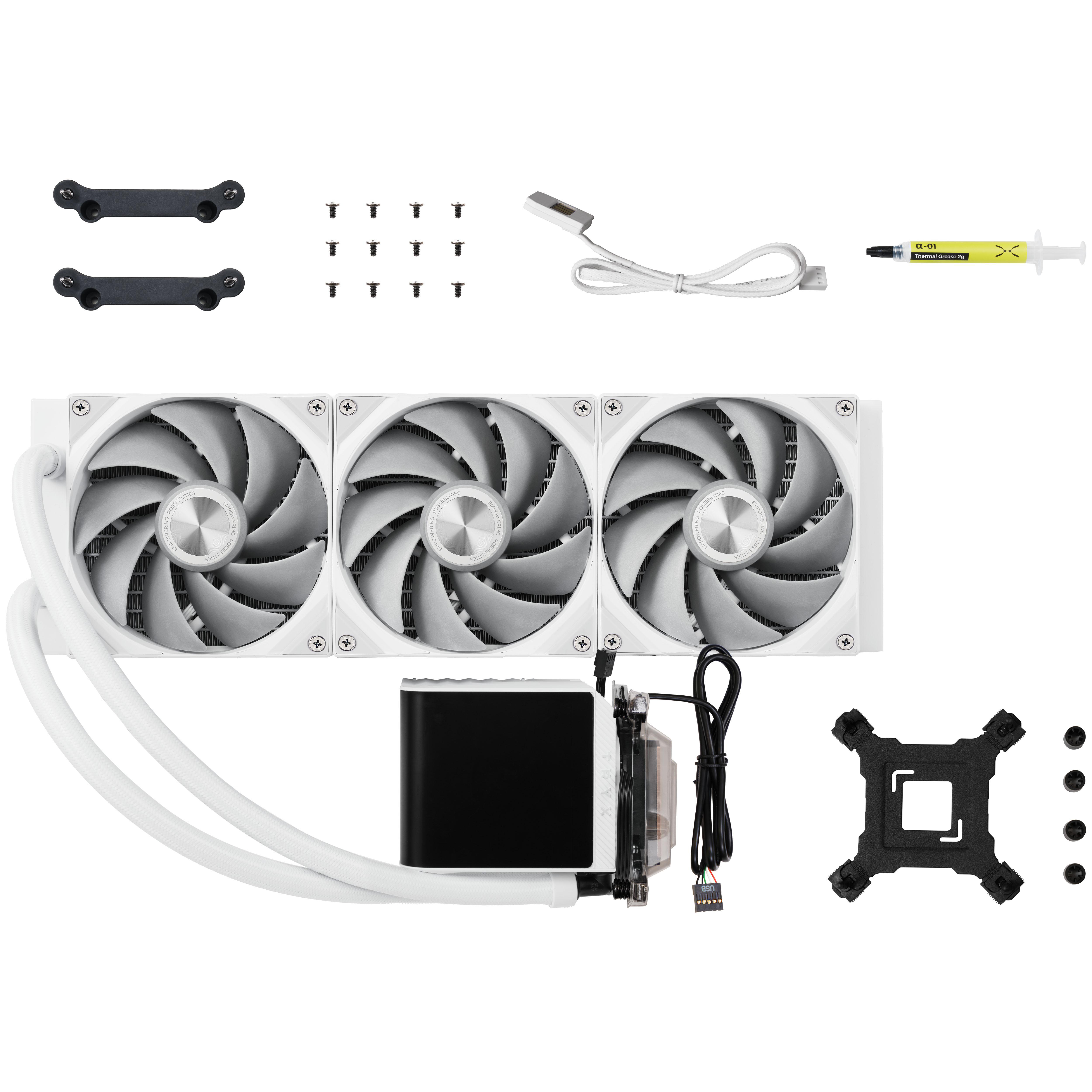 Ein weißer CPU-Kühler-Bausatz. Enthält Lüfter, Schläuche, Halterungen, Schrauben, Wärmeleitpaste und eine Steuereinheit. Alle Komponenten sind weiß angeordnet.